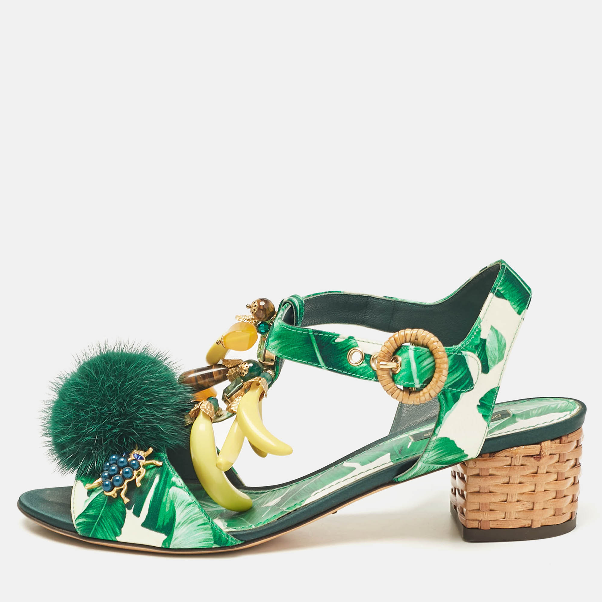 

Dolce & Gabbana Green Satin and Fur Banana Embellished T-Strap Sandals Size