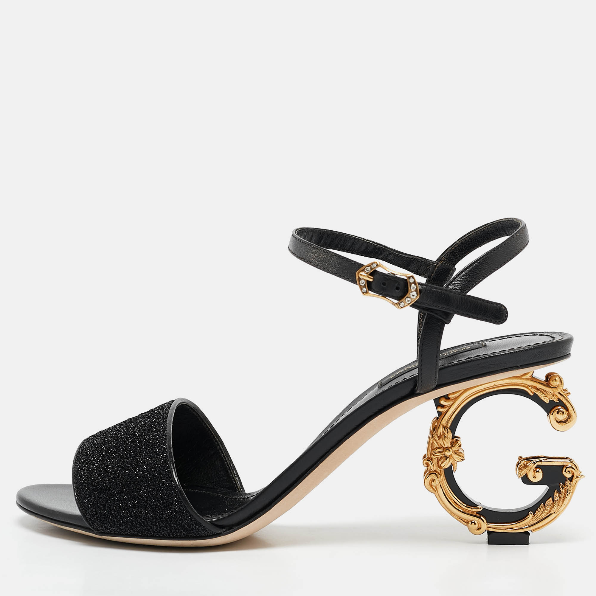 

Dolce & Gabbana Black Leather and Lurex Keira DG Baroque Sandals Size