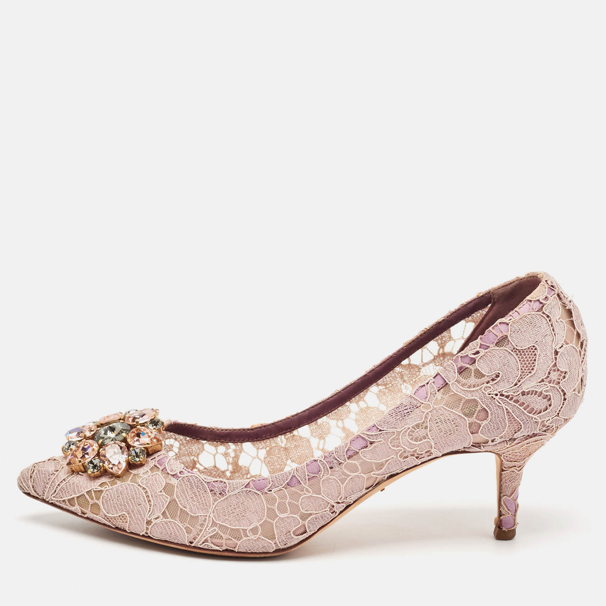 

Dolce & Gabbana Light Purple Lace Crystal Embellished Bellucci Pumps Size