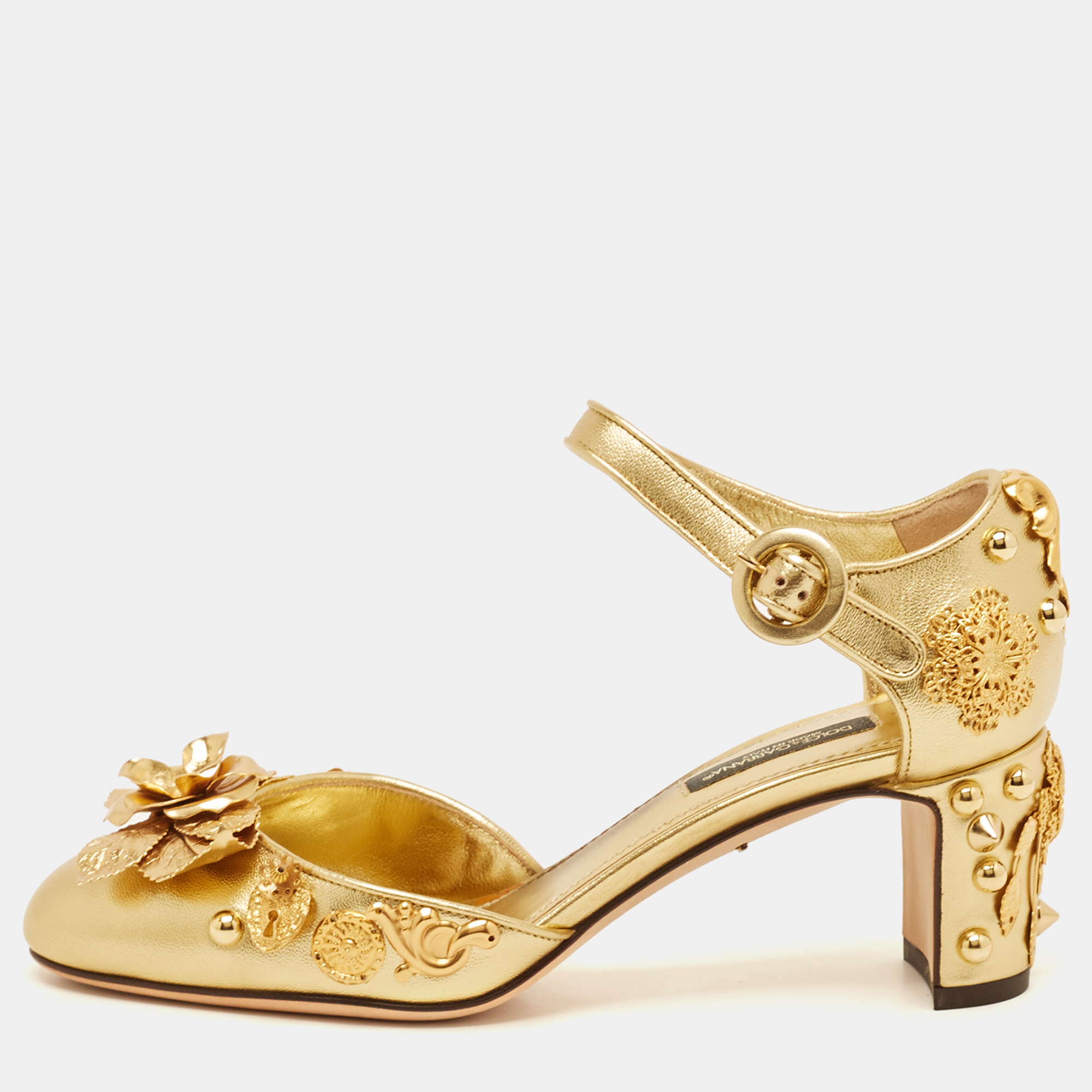 

Dolce & Gabbana Gold Leather Embellished Ankle Strap Sandals Size