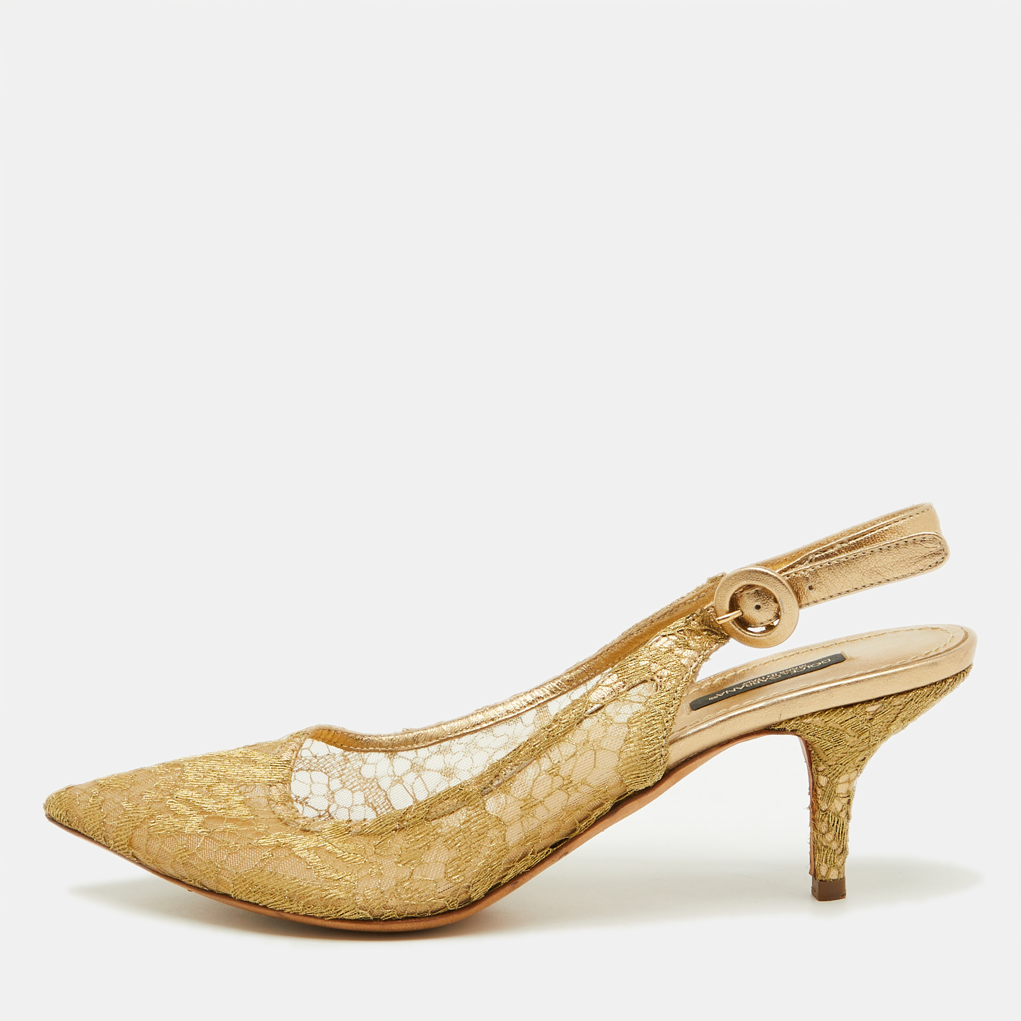 

Dolce & Gabbana Gold Lace and Leather Slingback Pumps Size