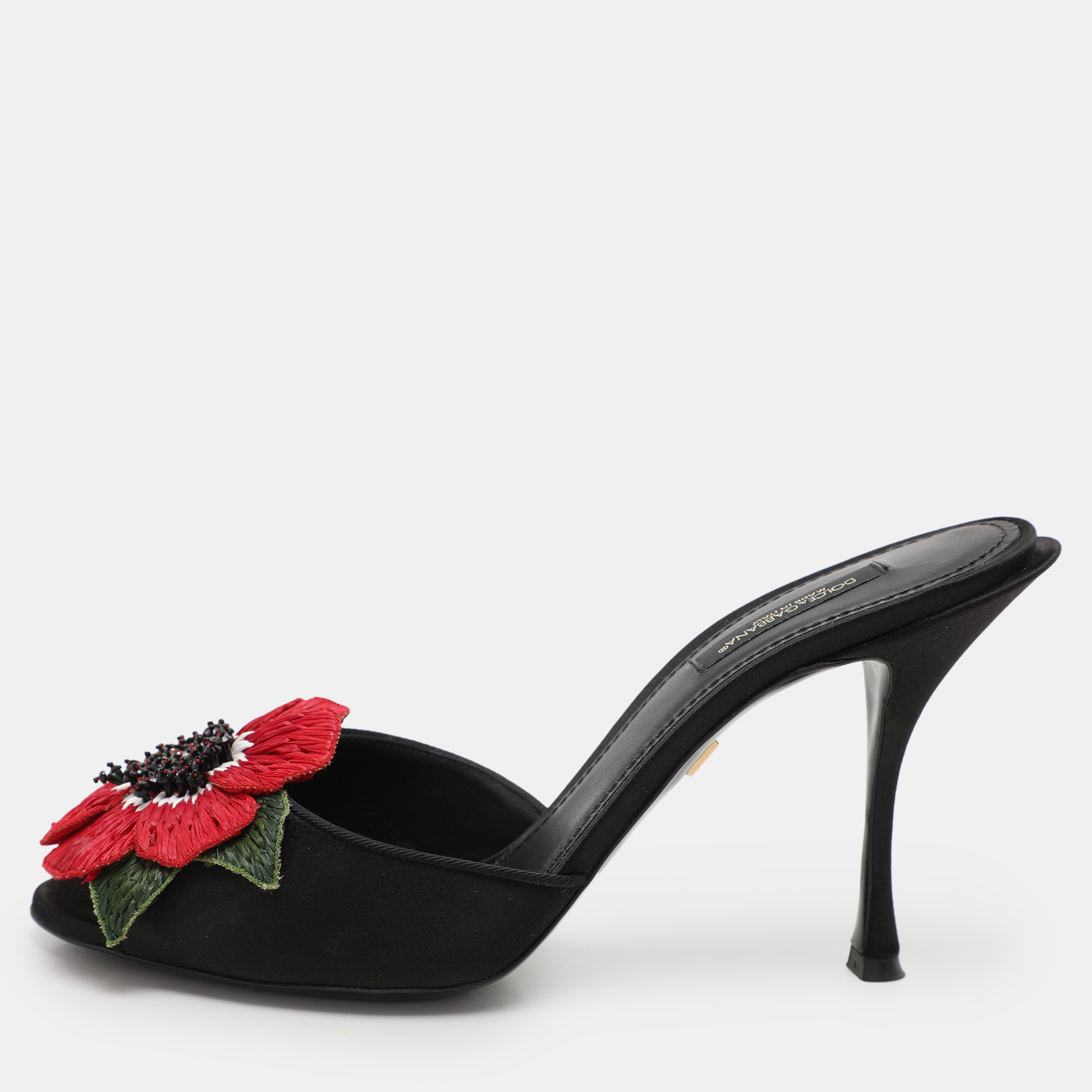 

Dolce & Gabbana Black Satin Floral Applique Slide Sandals Size 38.5