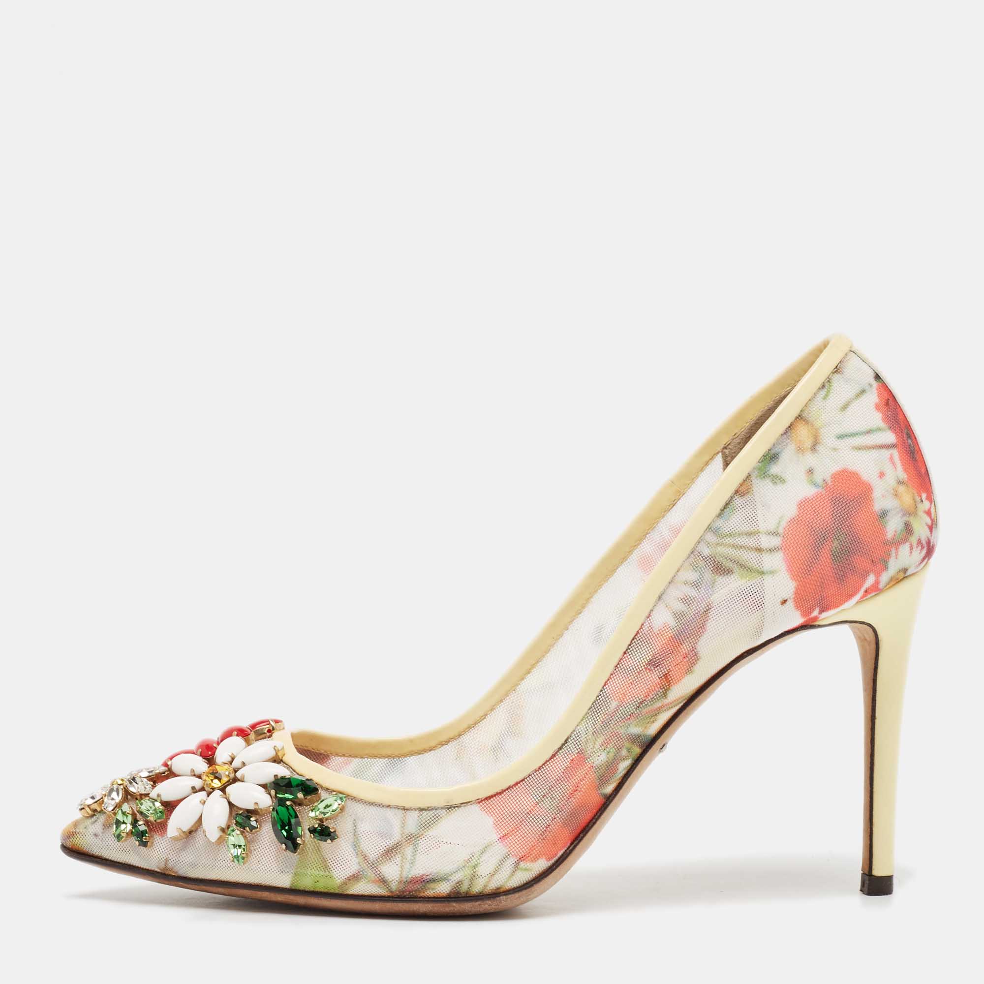 

Dolce & Gabbana Multicolor Patent Leather and Printed Mesh Flower Embellished Pumps Size