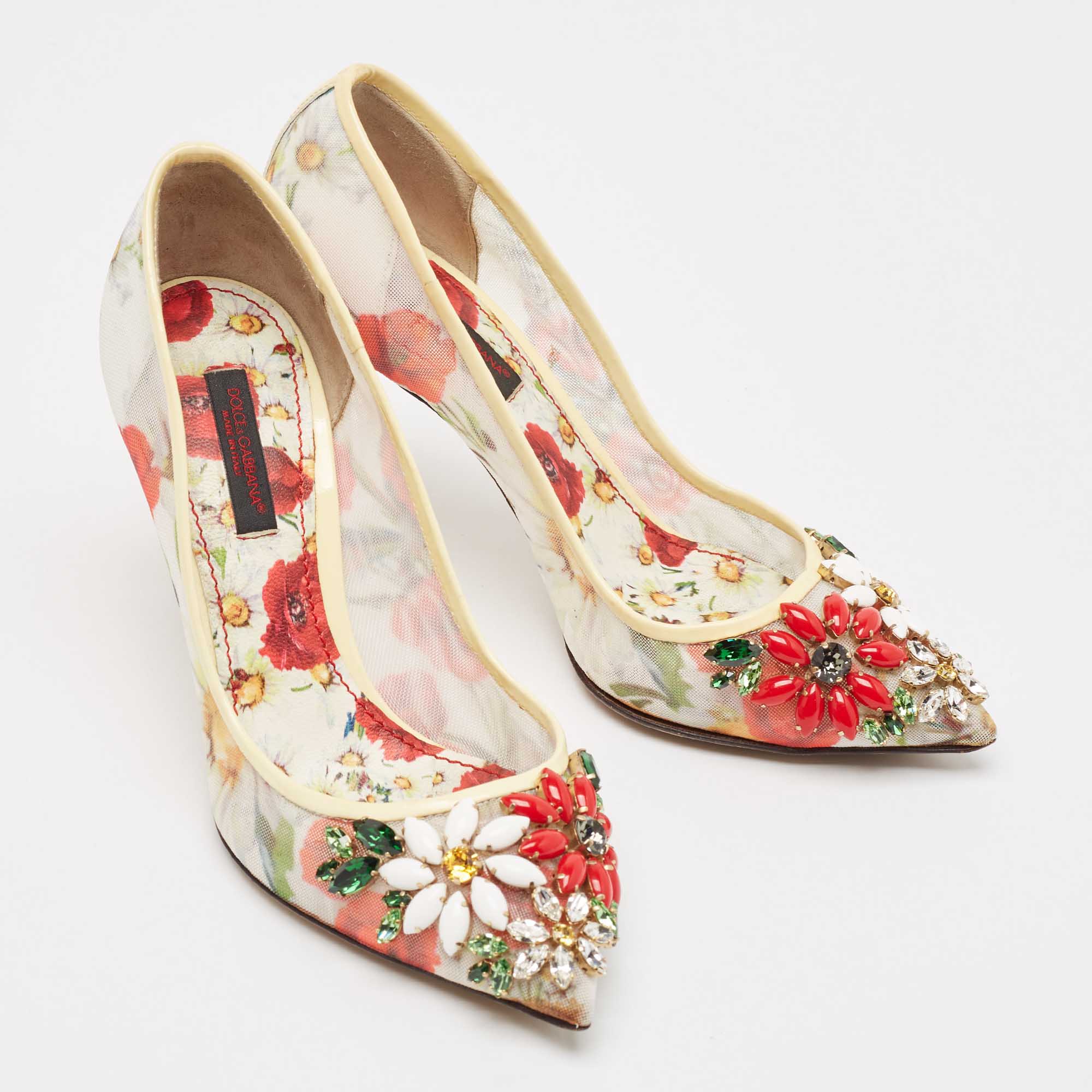 Dolce & Gabbana Multicolor Patent Leather and Printed Mesh Flower Embellished Pumps Size 35 