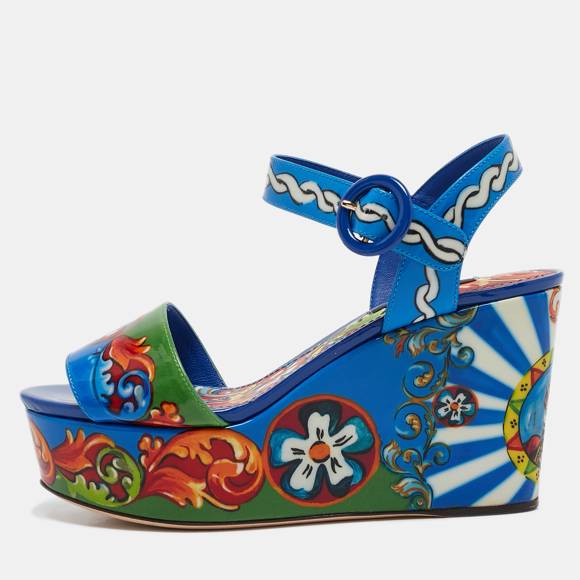 

Dolce & Gabbana Multicolor Majolica Print Patent Leather Wedge Sandals Size