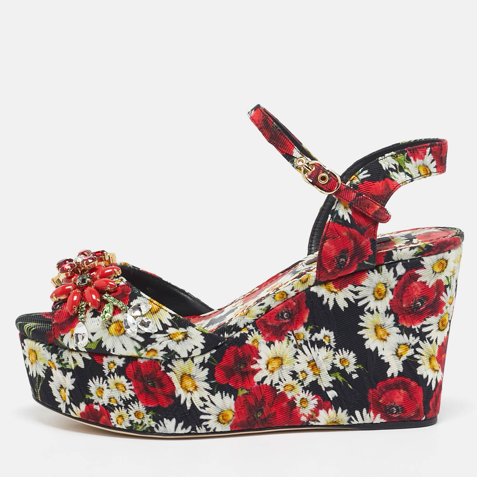 

Dolce & Gabbana Red Floral Print Brocade Fabric Wedge Sandals Size