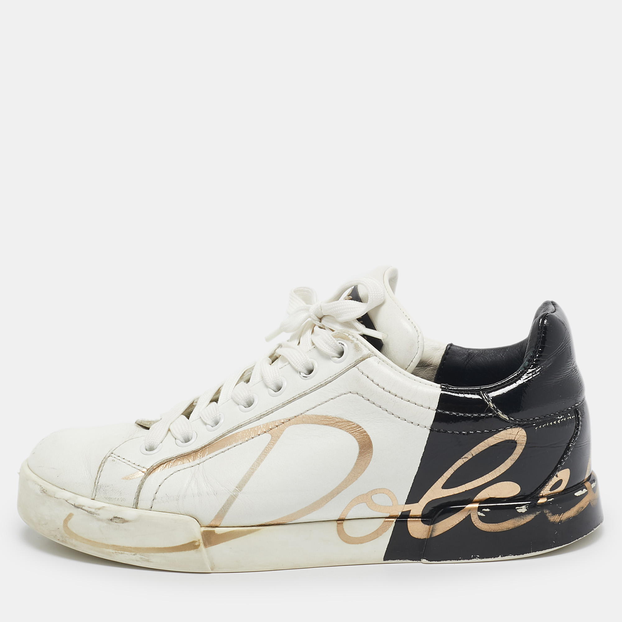 

Dolce & Gabbana White/Black Leather and Patent Logo Print Portofino Sneakers Size