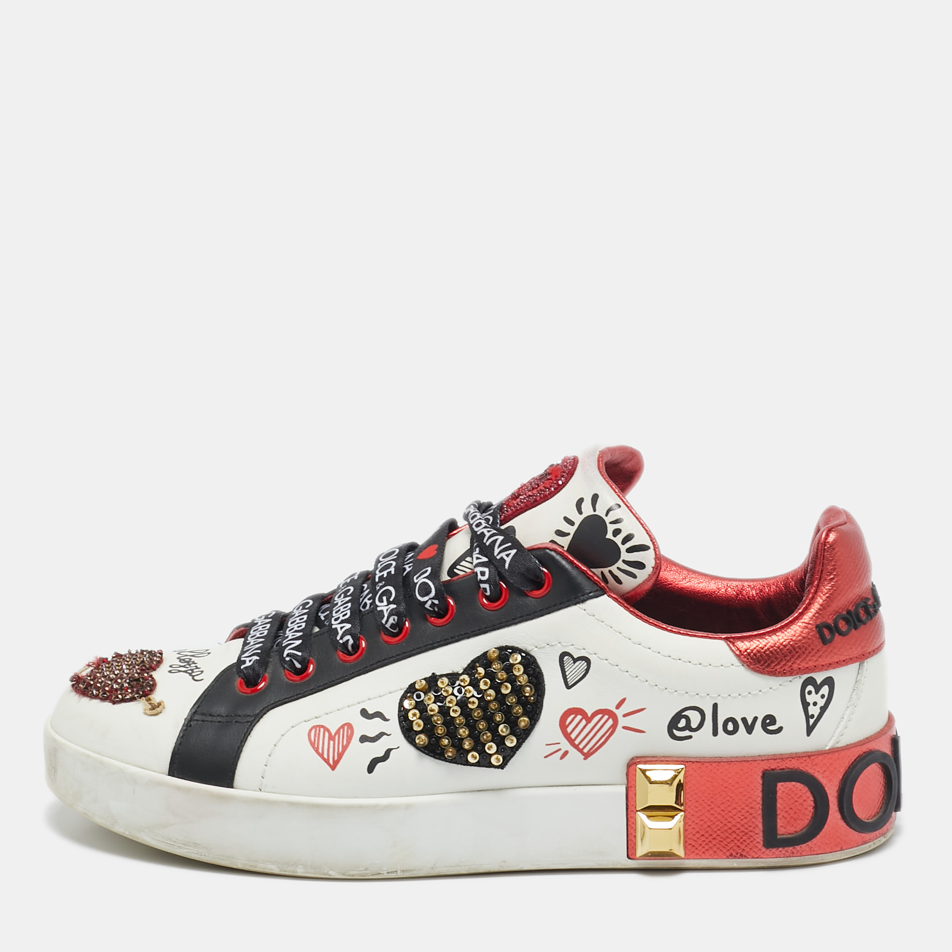 

Dolce & Gabbana Multicolor Leather Amore Heart Embroidered Low Top Sneakers Size