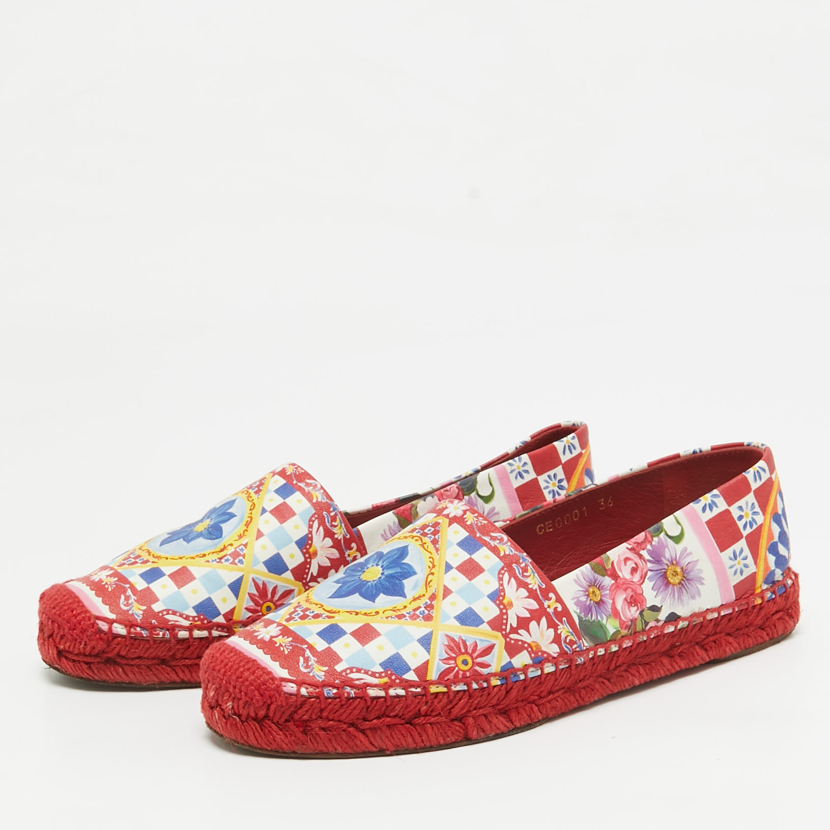 Dolce & Gabbana Multicolor Majolica Print Leather Slip On Espadrille Flats Size 36 