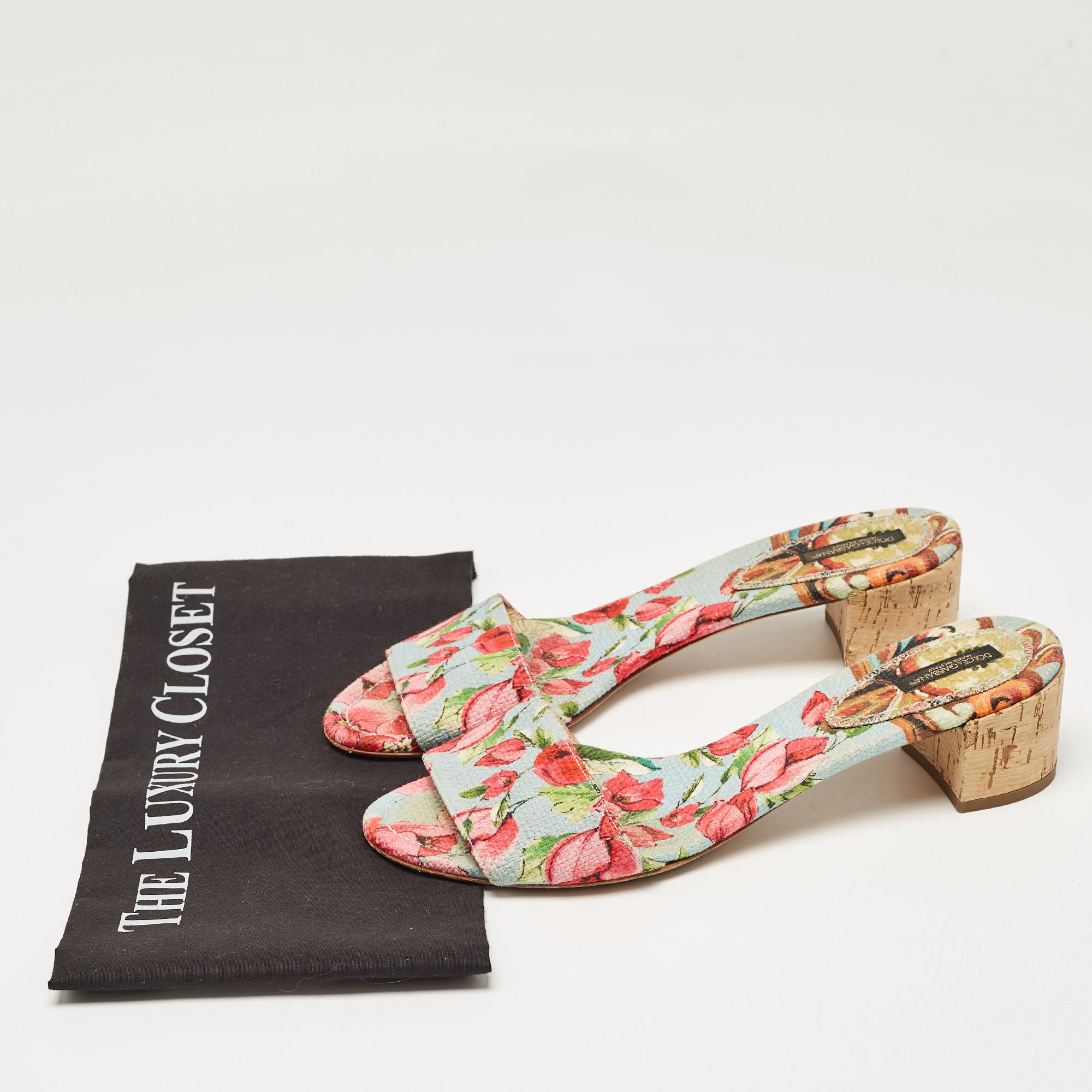 Dolce & Gabbana Multicolor Canvas Cork Heel Slide Sandals Size 40 