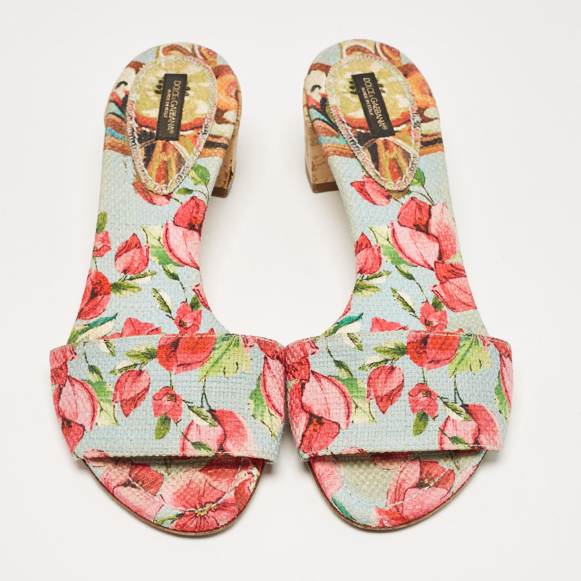 Dolce & Gabbana Multicolor Canvas Cork Heel Slide Sandals Size 40 