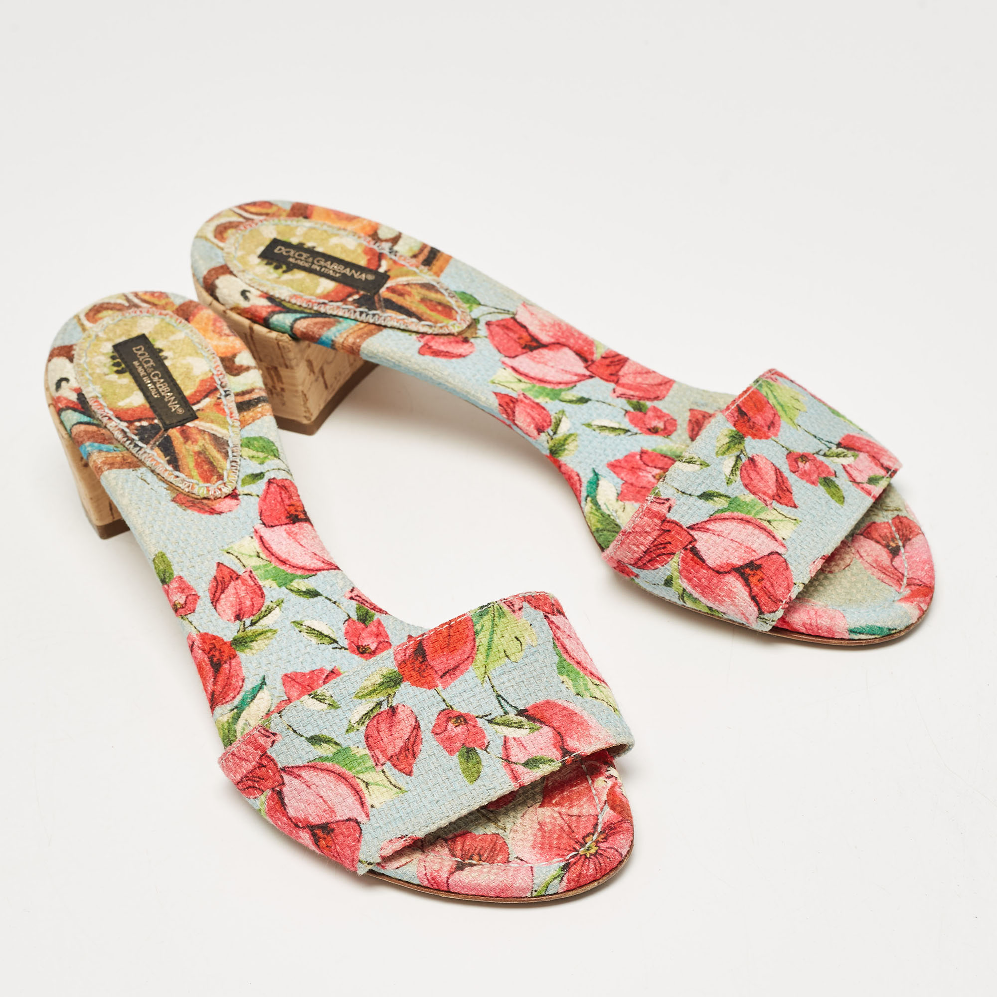 Dolce & Gabbana Multicolor Canvas Cork Heel Slide Sandals Size 40 