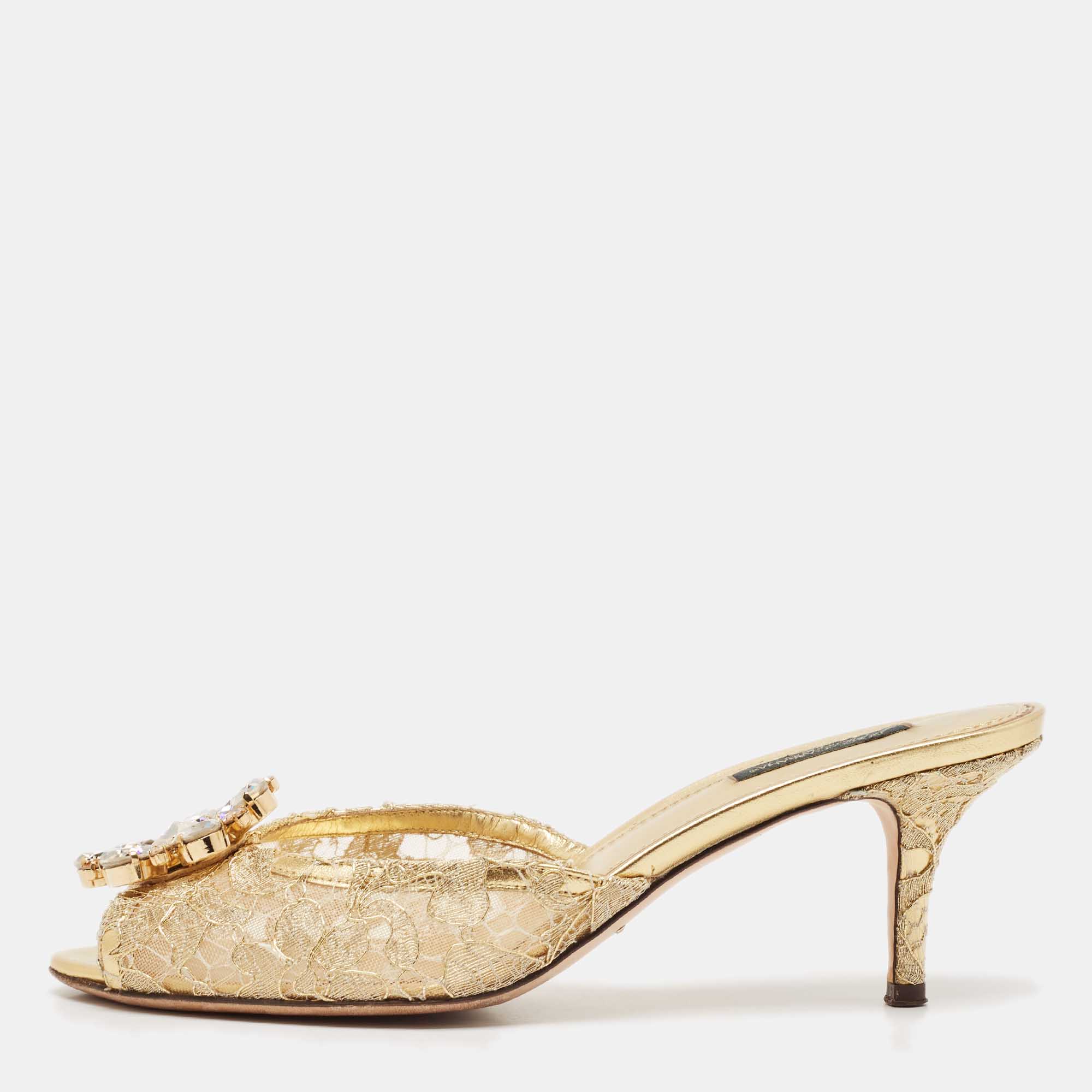 

Dolce & Gabbana Gold Lace Taormina Slide Sandals Size