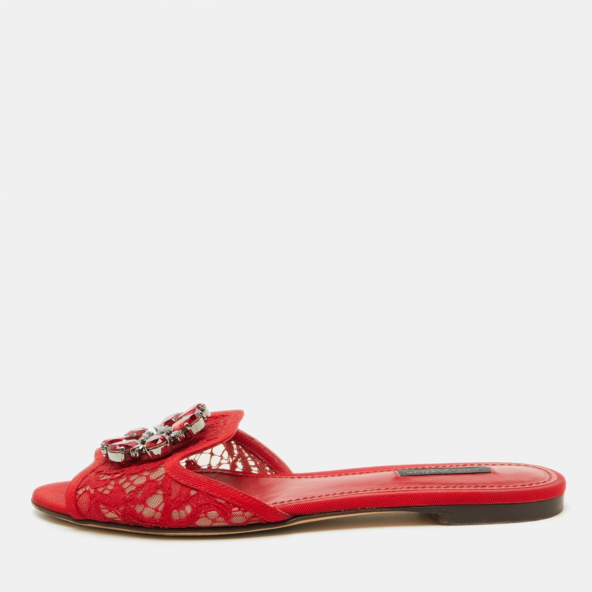 

Dolce & Gabbana Red Lace Crystal Embellished Flat Slides Size