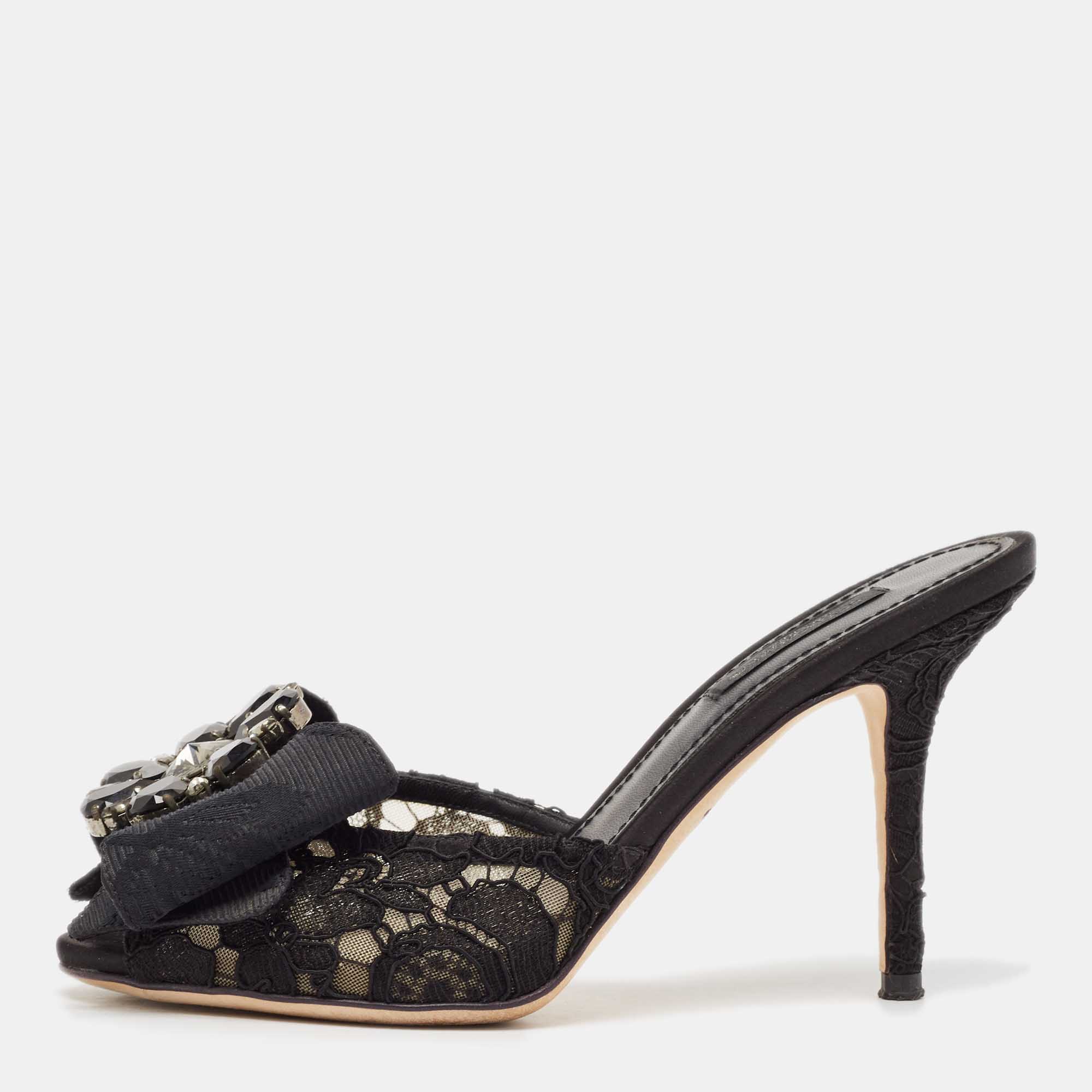 

Dolce & Gabbana Black Lace Crystal Bow Taormina Mules Size