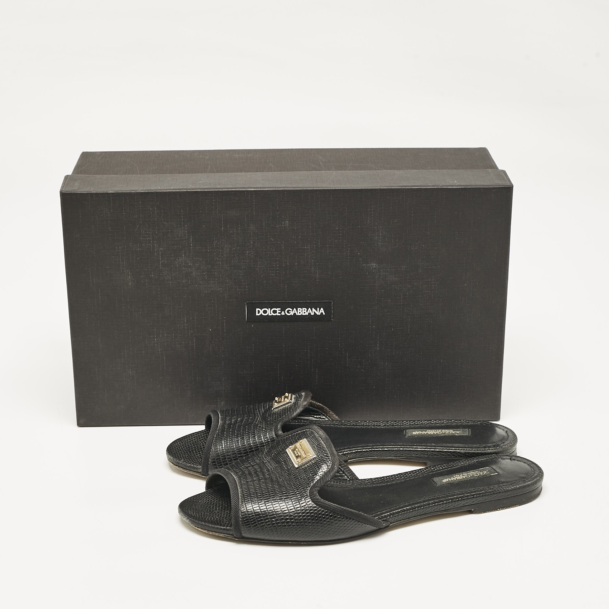 Dolce & Gabbana Black Embossed Leather Sofia Flat Slide Sandals Size 37 