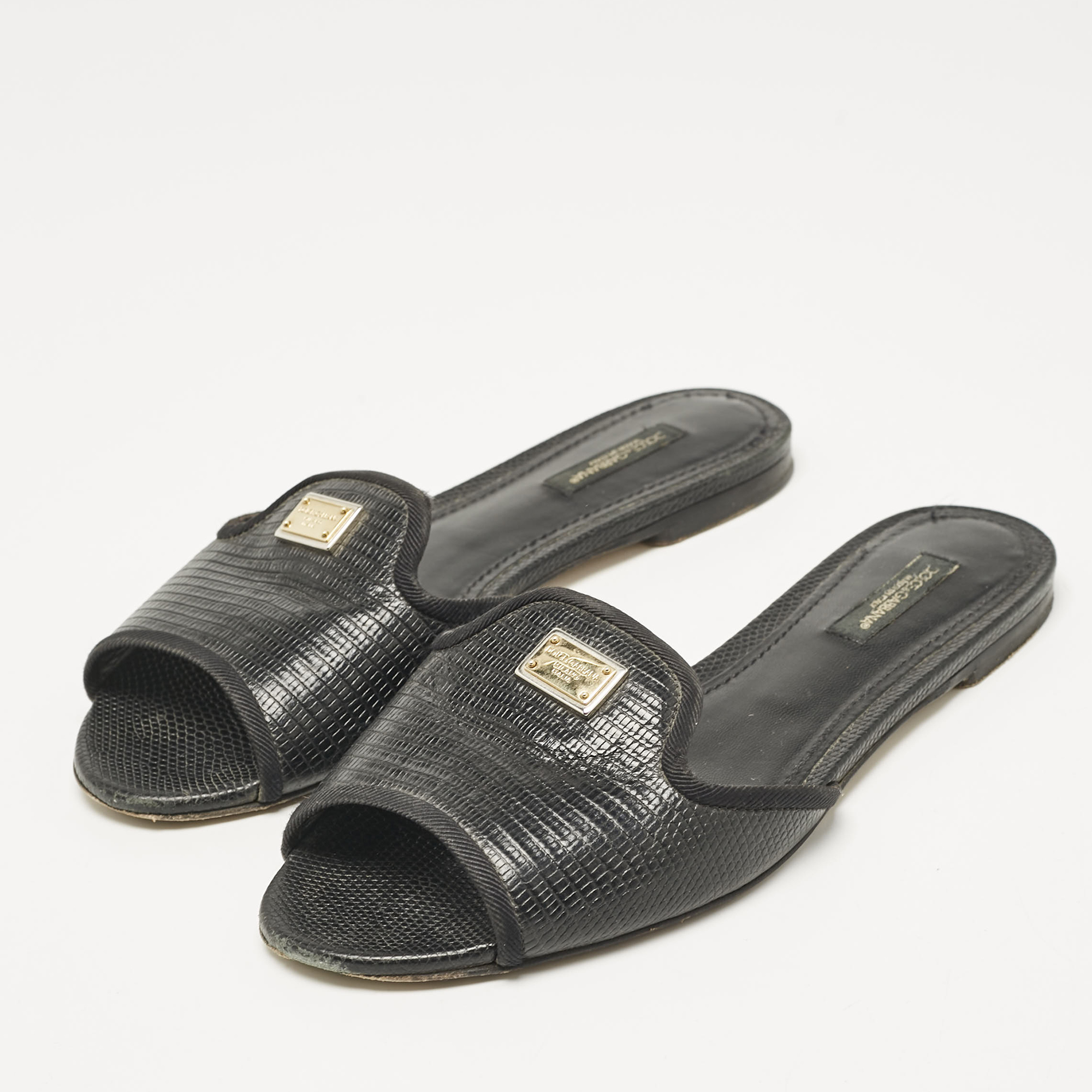 Dolce & Gabbana Black Embossed Leather Sofia Flat Slide Sandals Size 37 