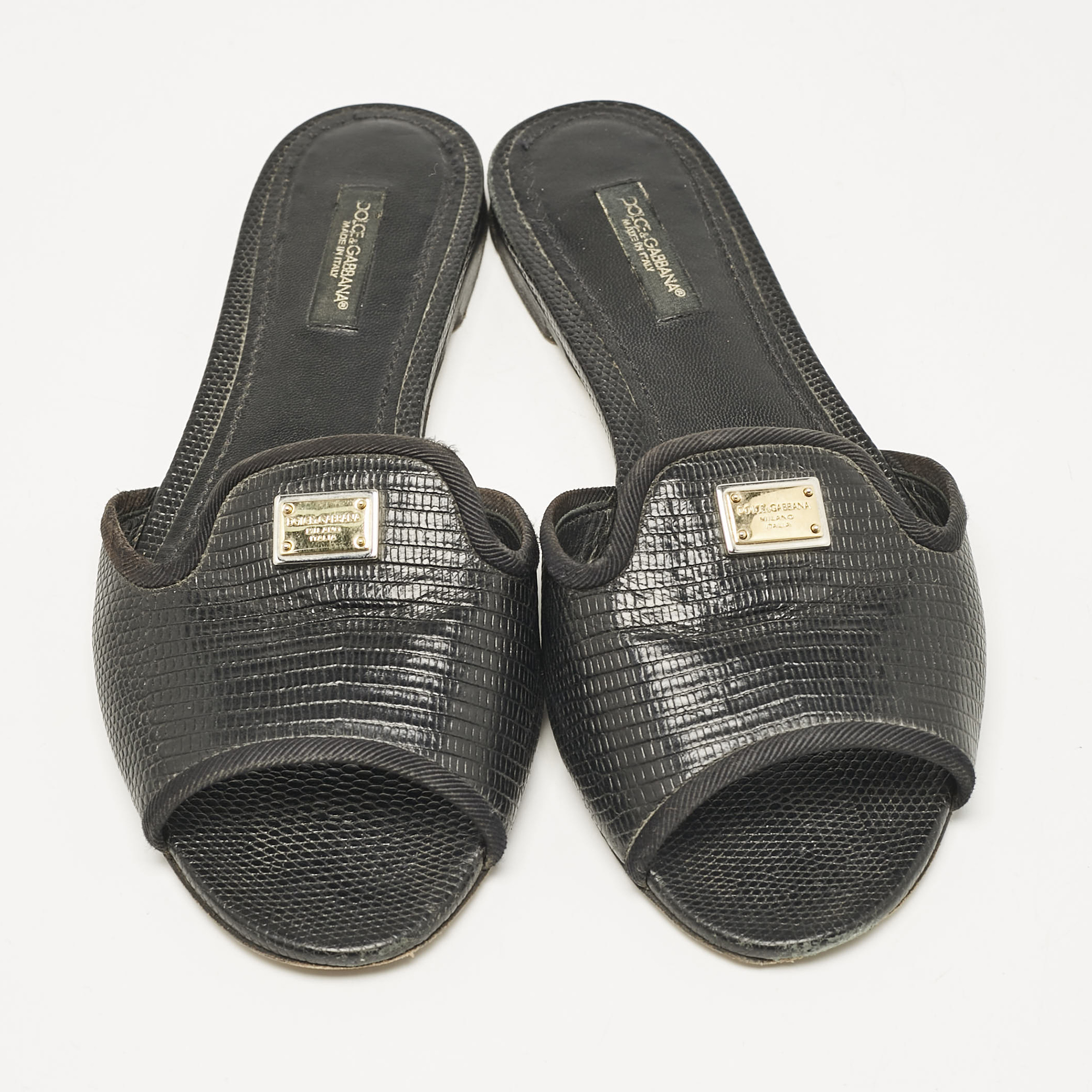 Dolce & Gabbana Black Embossed Leather Sofia Flat Slide Sandals Size 37 