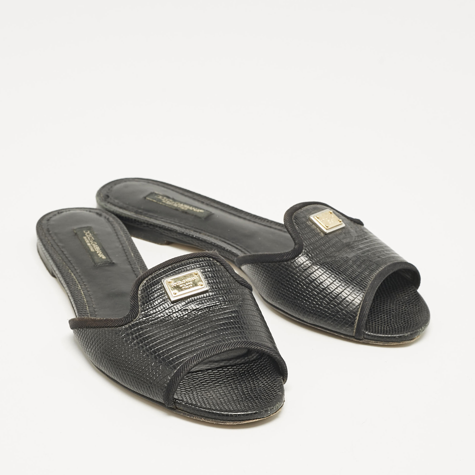 Dolce & Gabbana Black Embossed Leather Sofia Flat Slide Sandals Size 37 