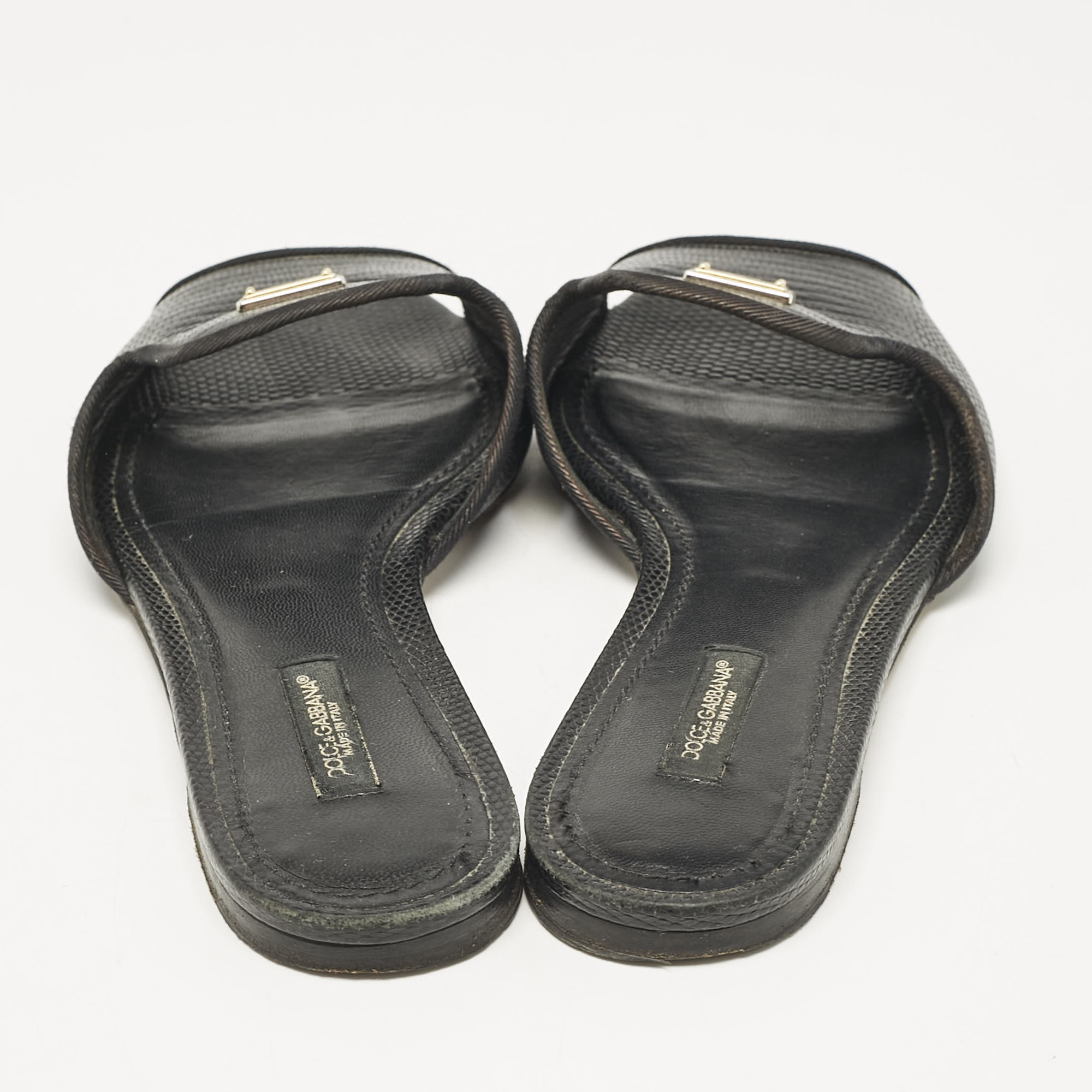 Dolce & Gabbana Black Embossed Leather Sofia Flat Slide Sandals Size 37 