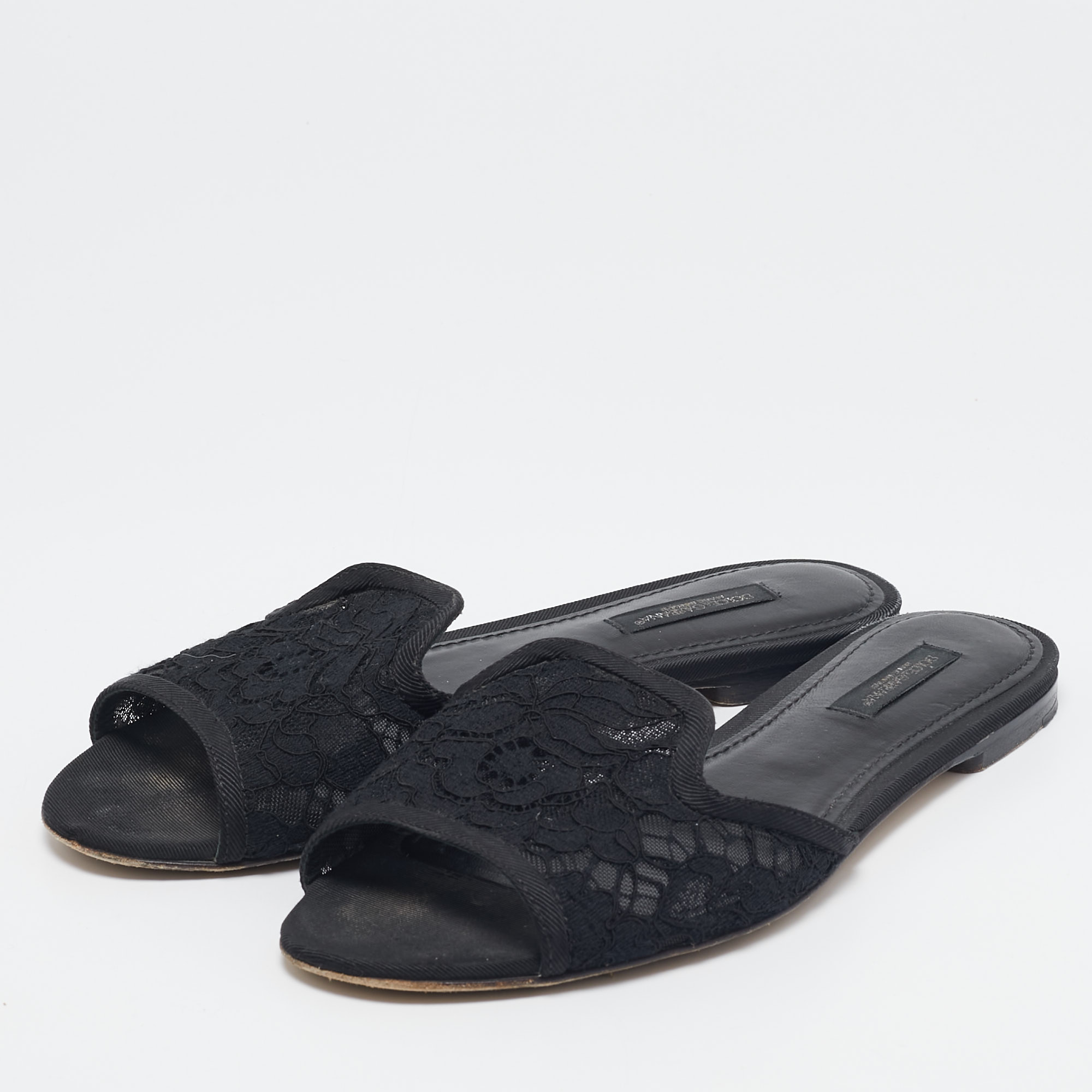 Dolce & Gabbana Black Lace and Mesh Flat Slides Size 36.5 