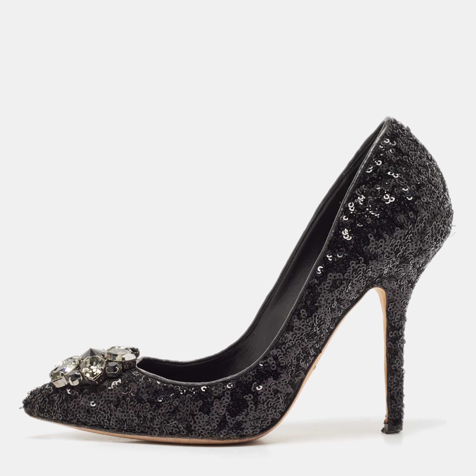 

Dolce & Gabbana Black Sequins Crystal Embellished Bellucci Pumps Size