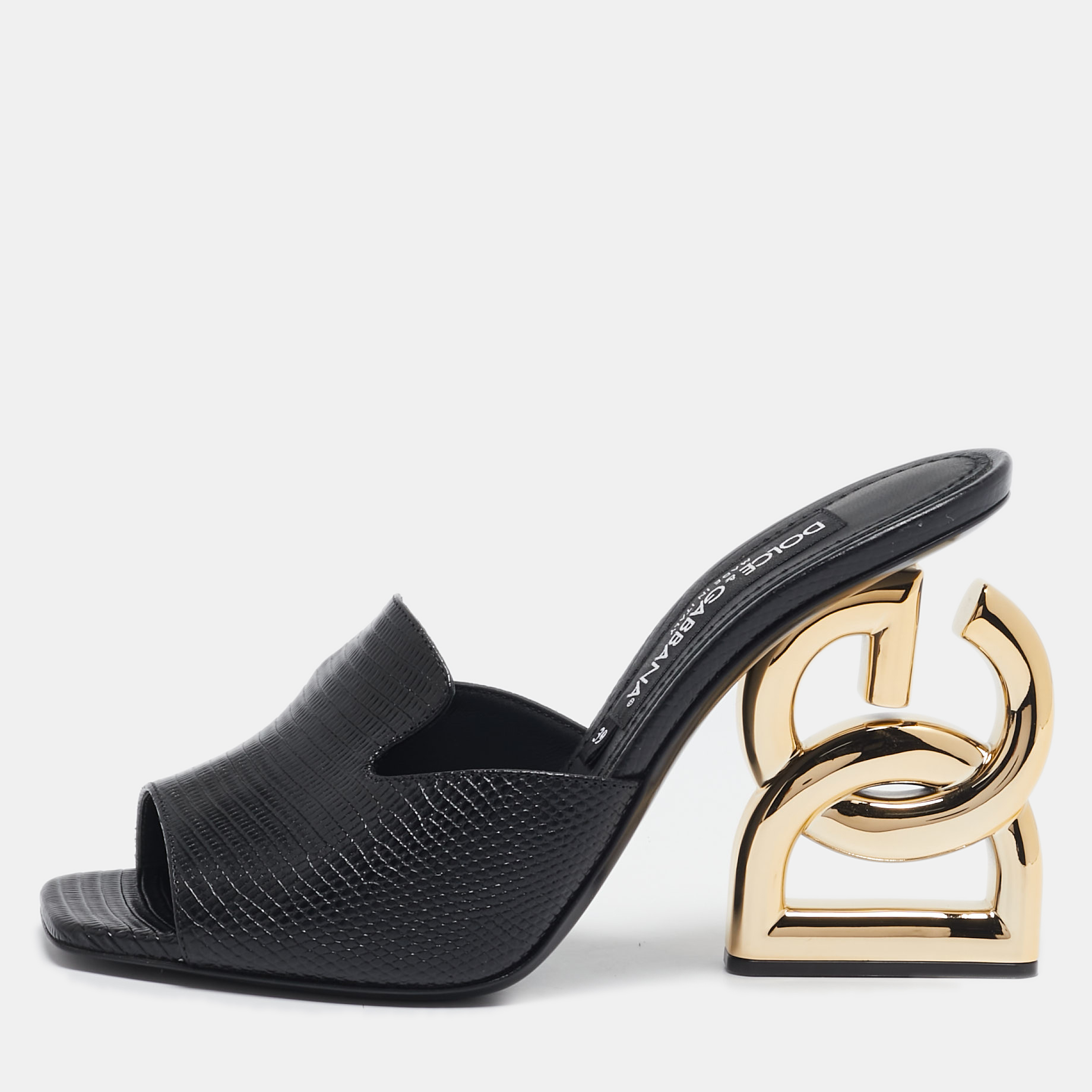 

Dolce & Gabbana Black Lizard Embossed Leather Keira Slide Sandals Size