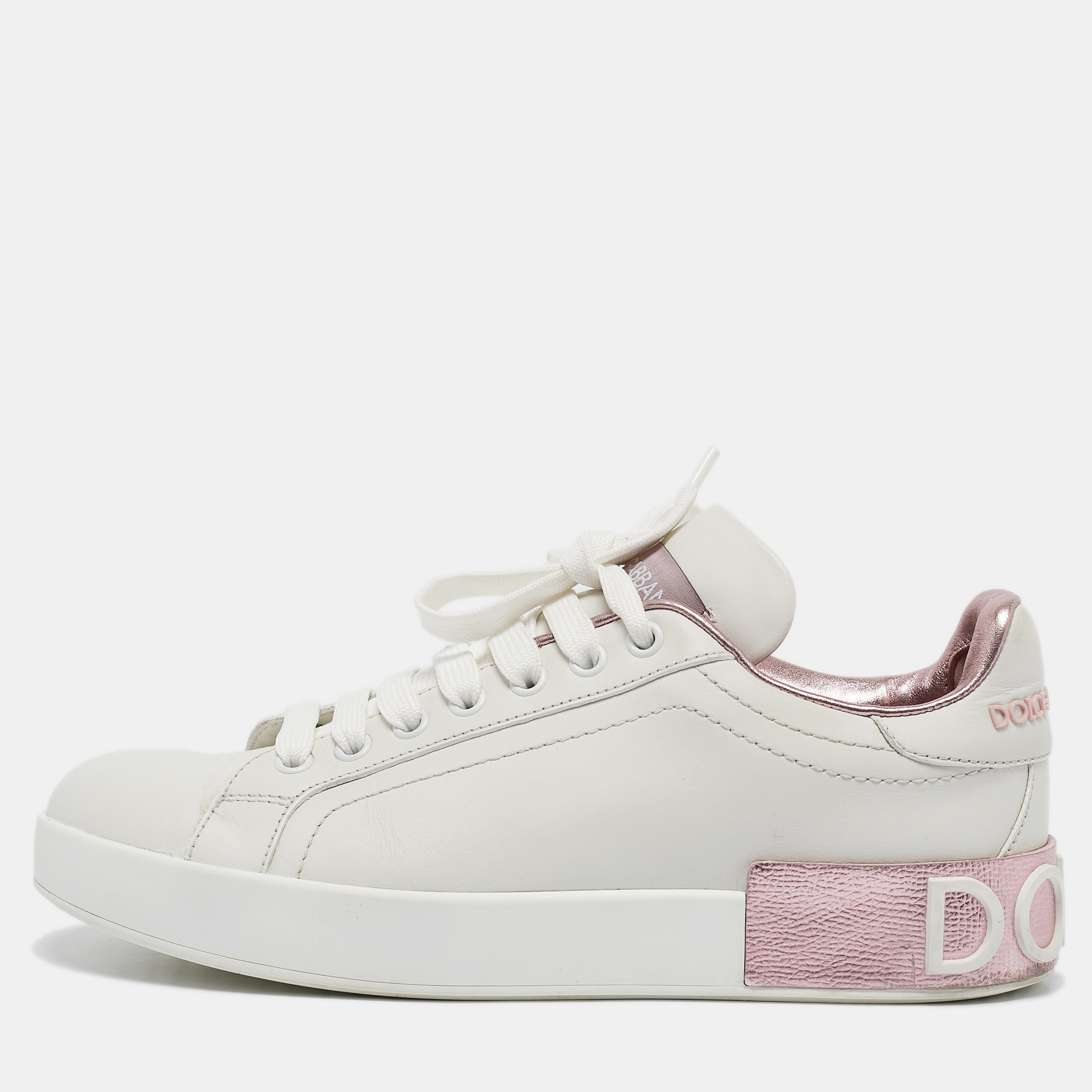 

Dolce & Gabbana White/Pink Leather Portofino Low Top Sneakers Size