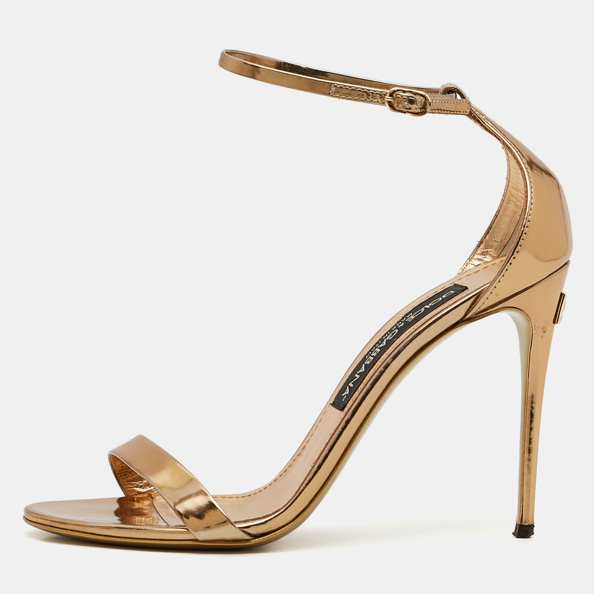 

Dolce & Gabbana Gold Mirror Leather Ankle Strap Sandals Size