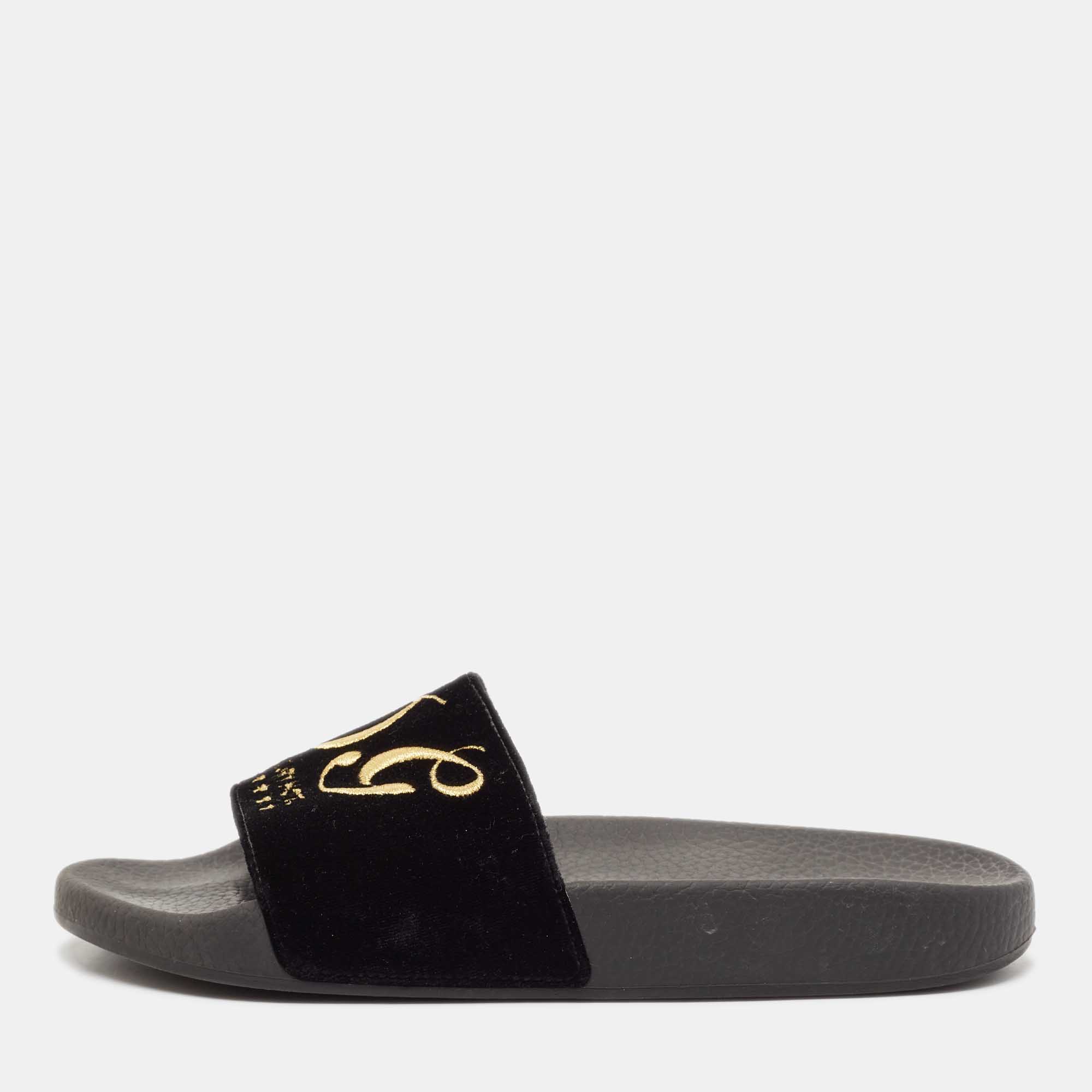 

Dolce & Gabbana Black Velvet DG Embroidered Flat Pool Slides Size