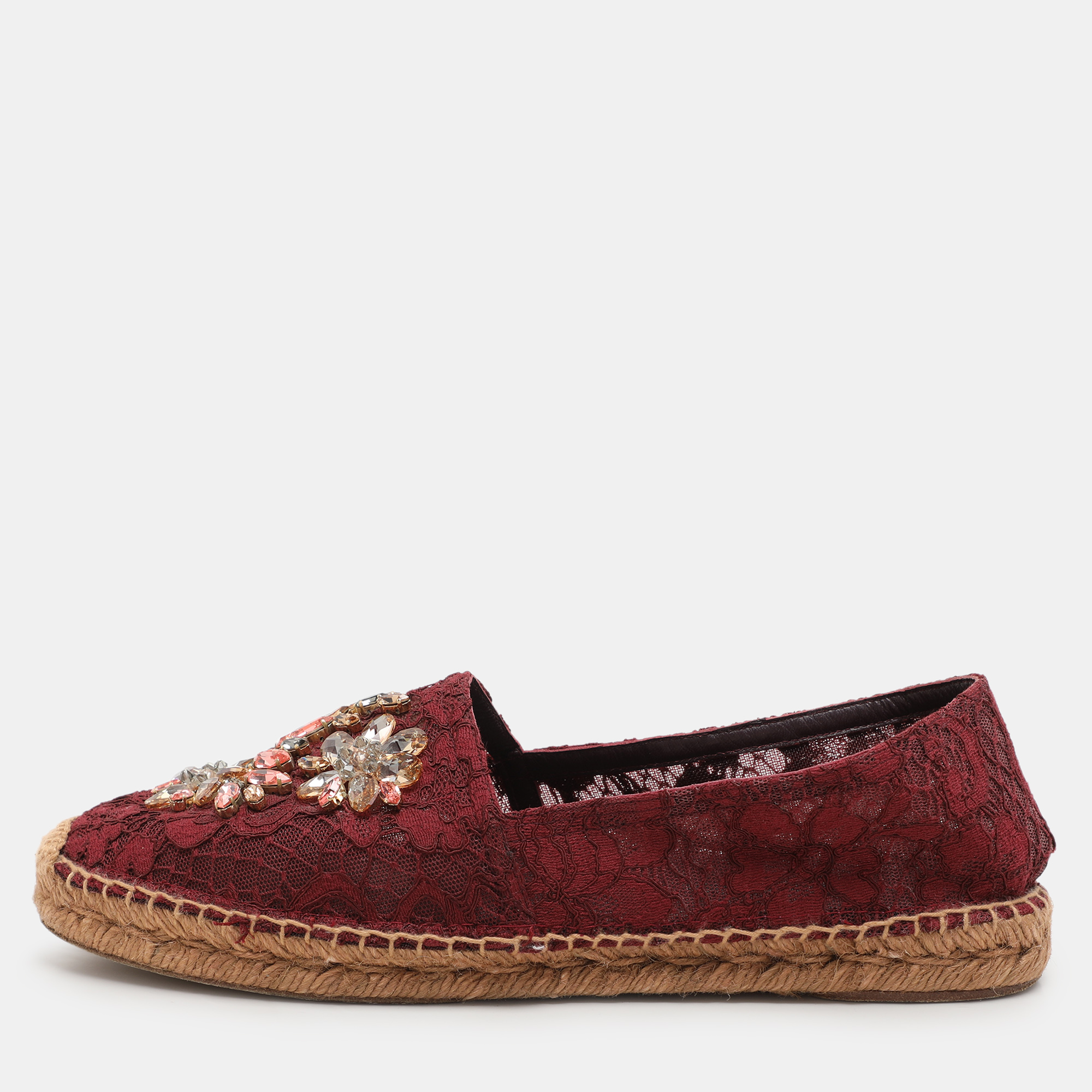 

Dolce & Gabbana Burgundy Lace Embellished Espadrille Flats Size 40