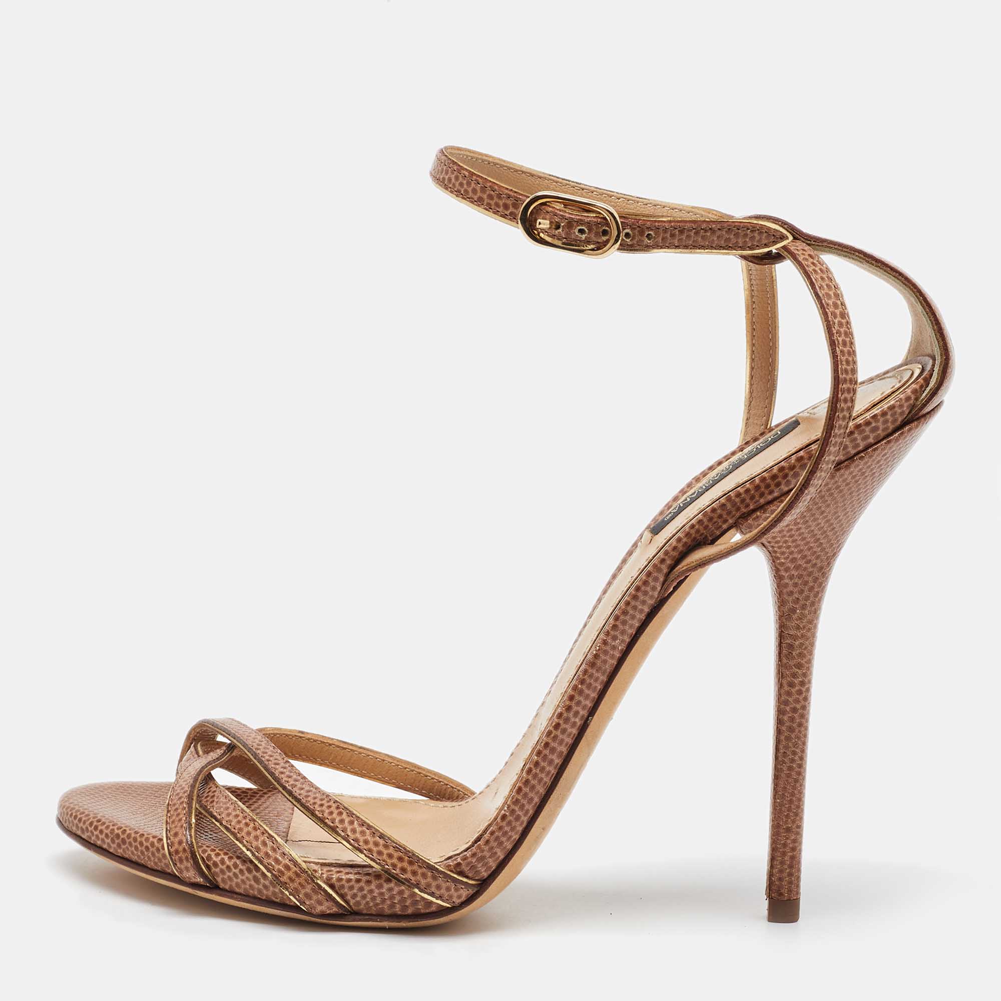 

Dolce & Gabbana Brown Lizard Embossed Leather Ankle Strap Sandals Size