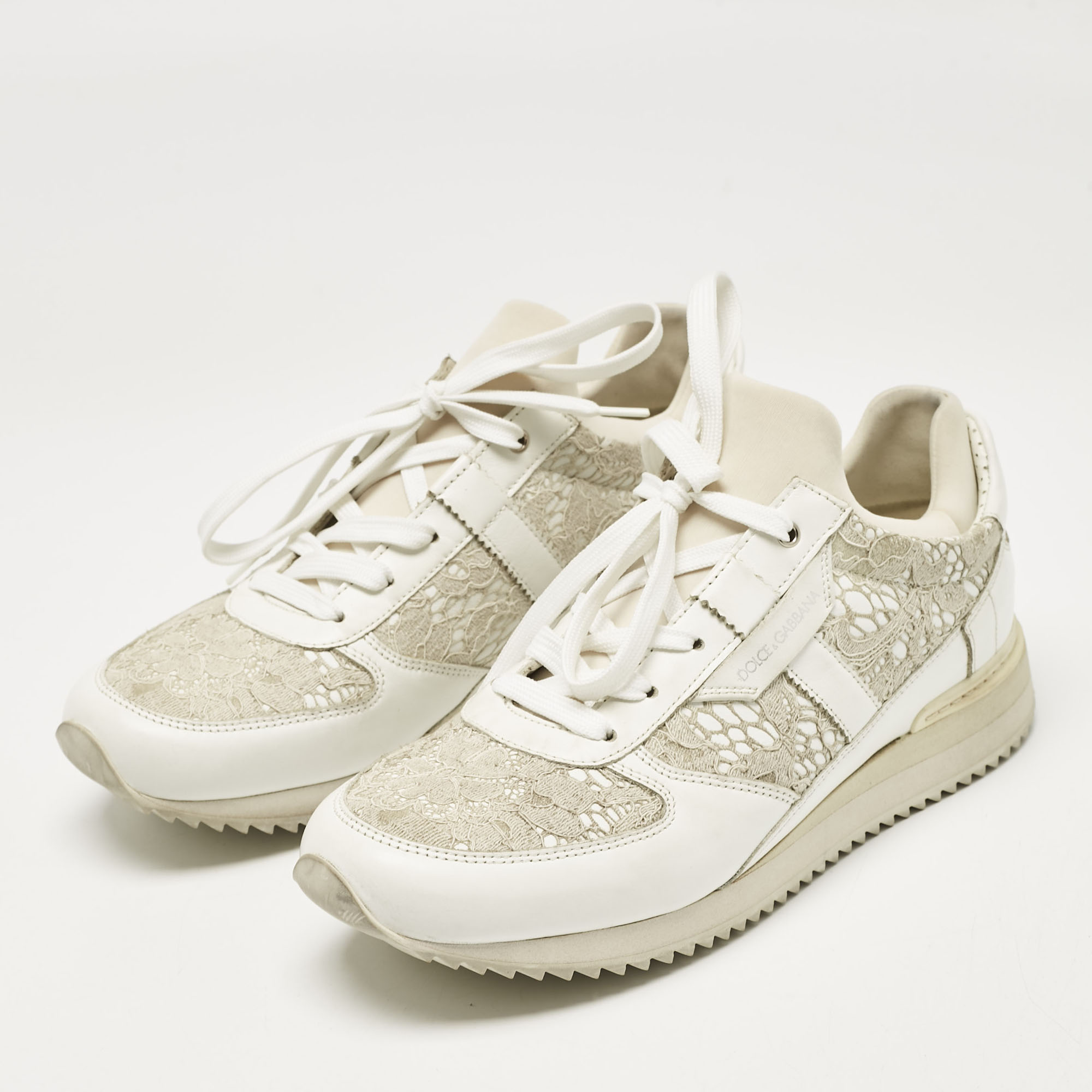 Dolce & Gabbana White Floral Lace and Leather Low Top Sneakers Size 39 