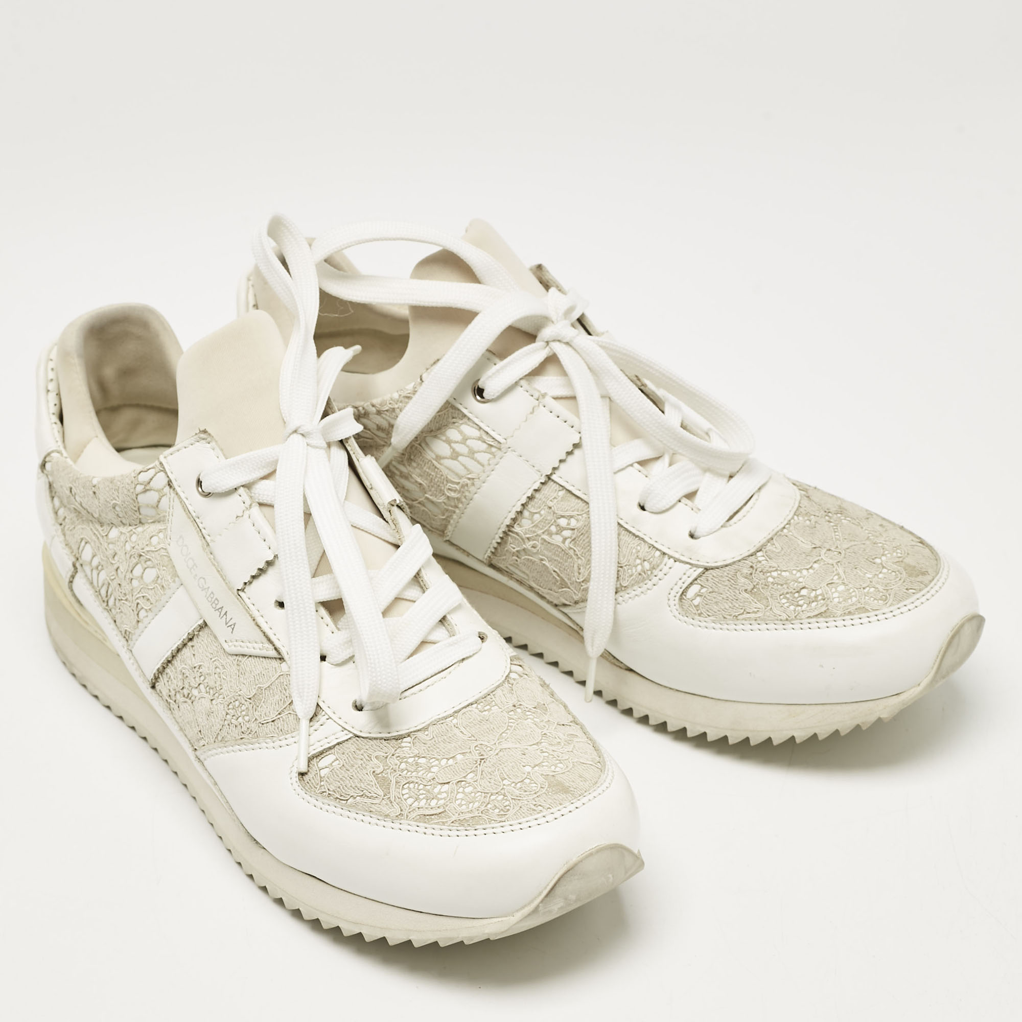 Dolce & Gabbana White Floral Lace and Leather Low Top Sneakers Size 39 