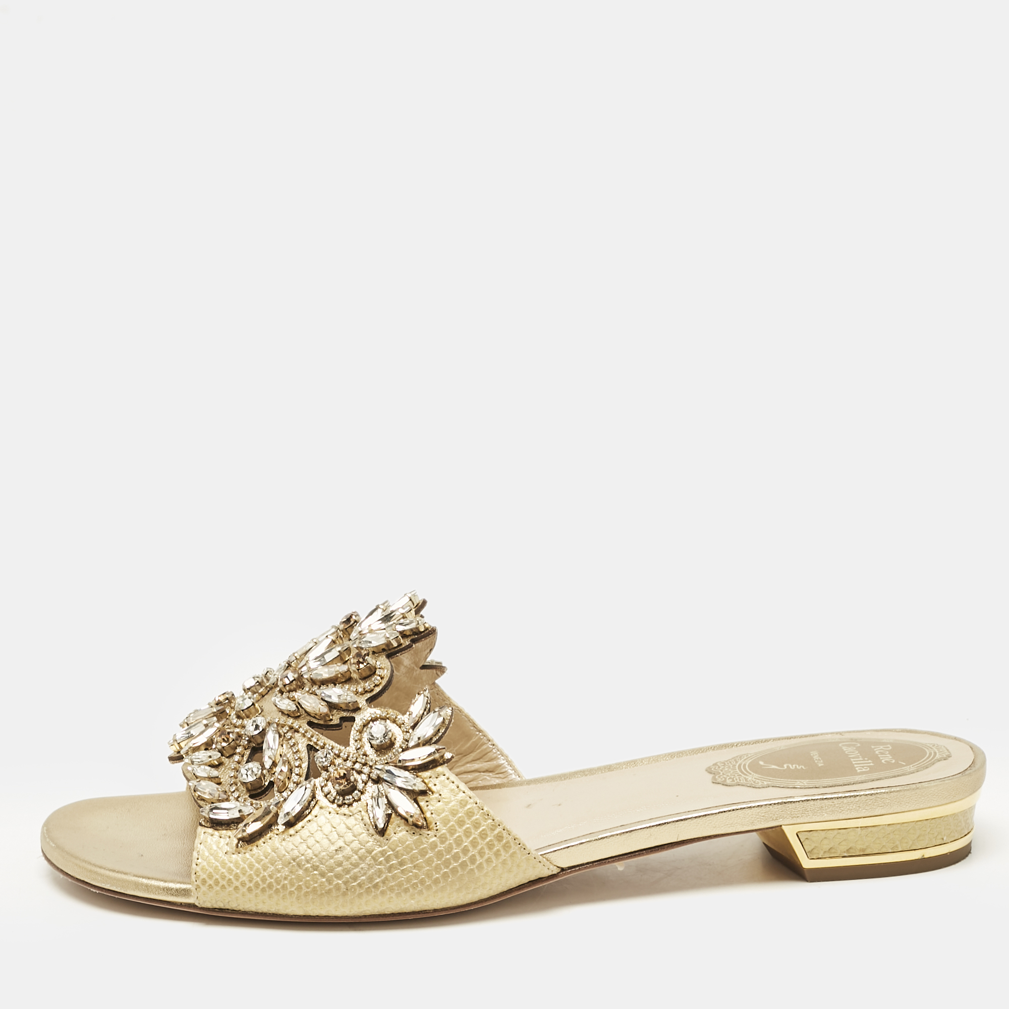 

Rene Caovilla Gold Lizard Embossed Leather Crystal Embellished Flat Slide Size