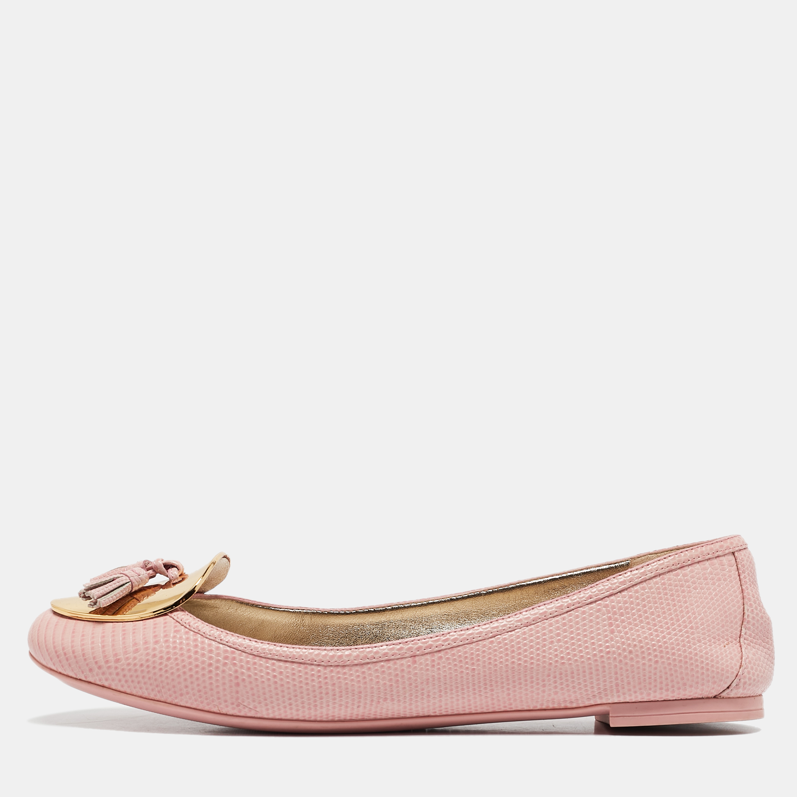 

Dolce & Gabbana Pink Lizard Embossed Leather Tassel Ballet Flats Size