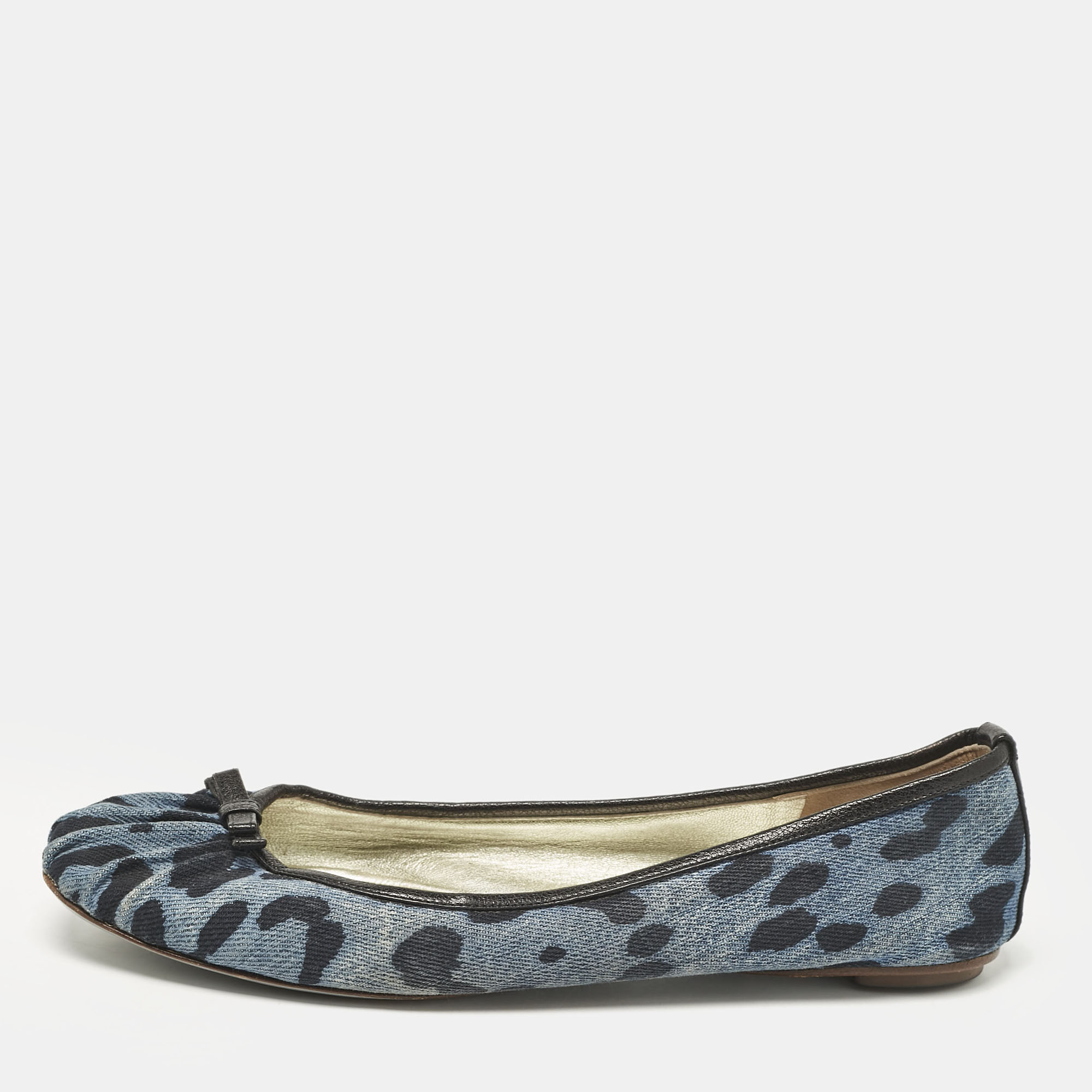 

Dolce & Gabbana Blue Leopard Print Denim and Leather Bow Detail Ballet Flats Size