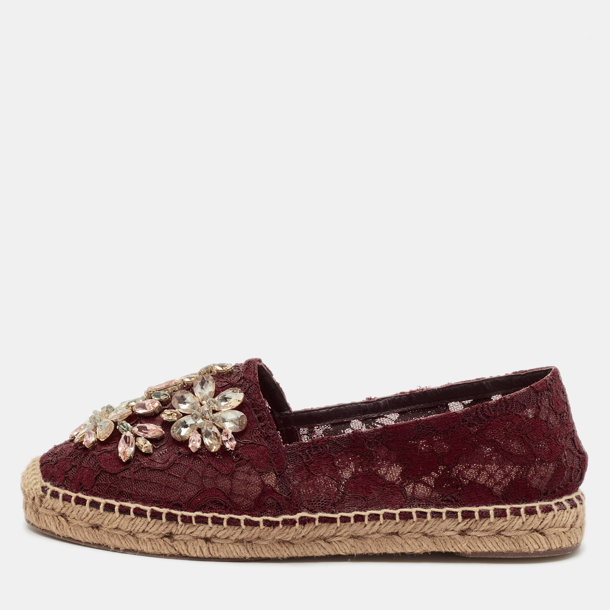 

Dolce & Gabbana Burgundy Lace Embellished Espadrille Flats Size