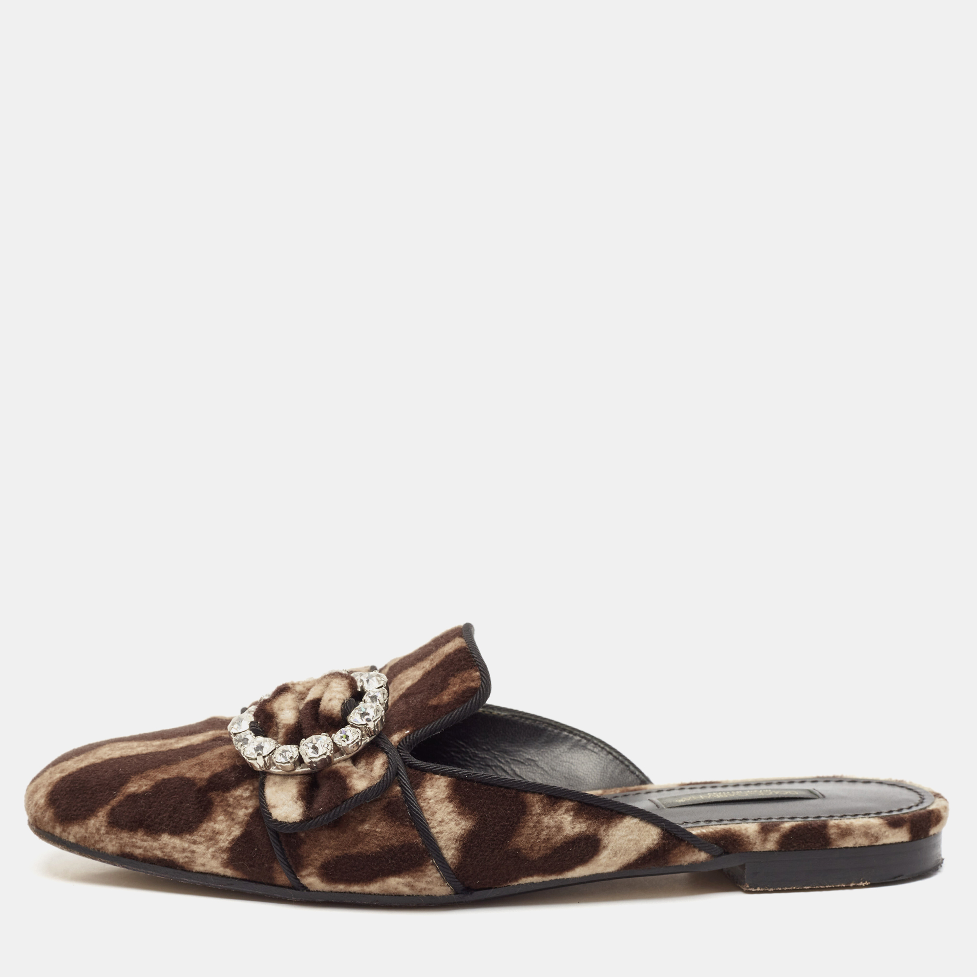 

Dolce & Gabbana Brown Leopard Print Velvet Crystal Embellished Mules Size