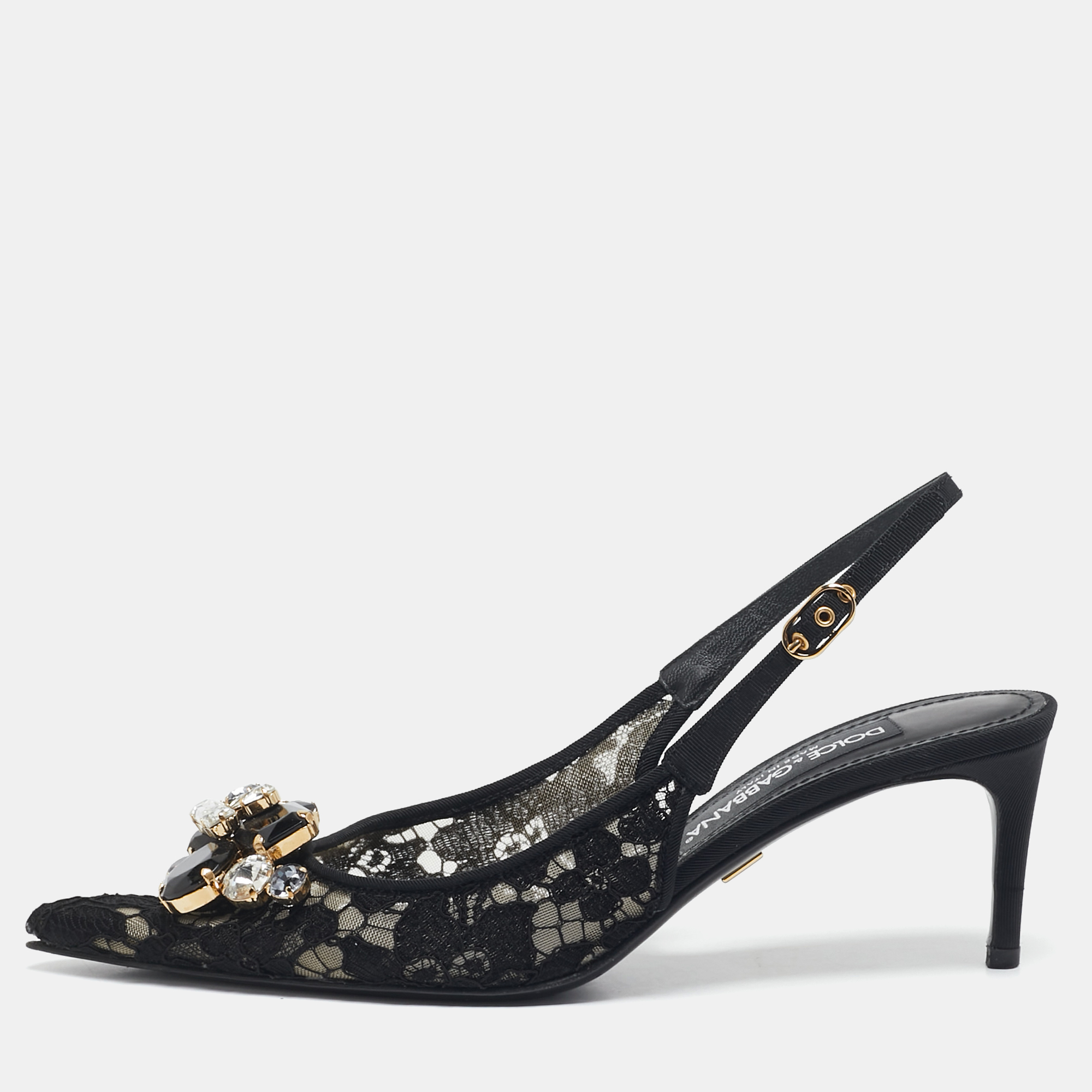 

Dolce & Gabbana Black Mesh and Lace Crystal Embellished Slingback Pumps Size