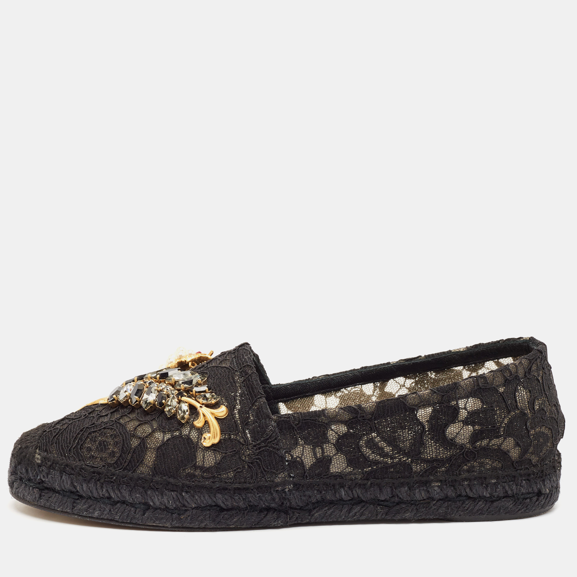 

Dolce & Gabbana Black Lace Crystal Embellished Espadrille Flats Size