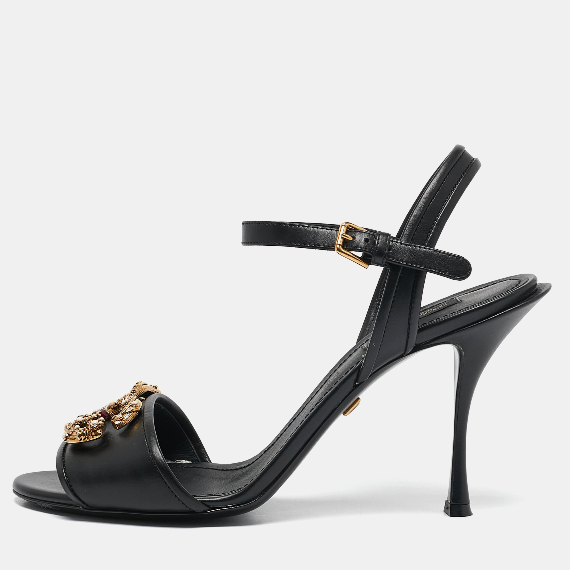 

Dolce & Gabbana Black Leather DG Amore Ankle Strap Sandals Size