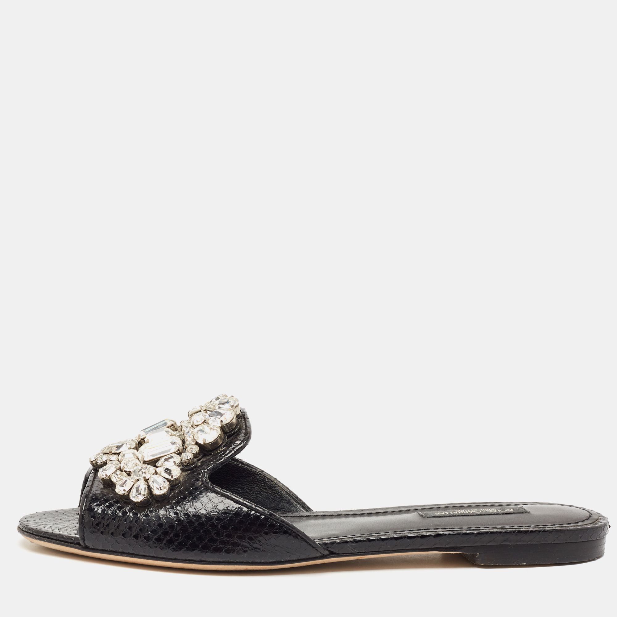 

Dolce & Gabbana Black Snakeskin Bianca Crystals Slide Flats Size