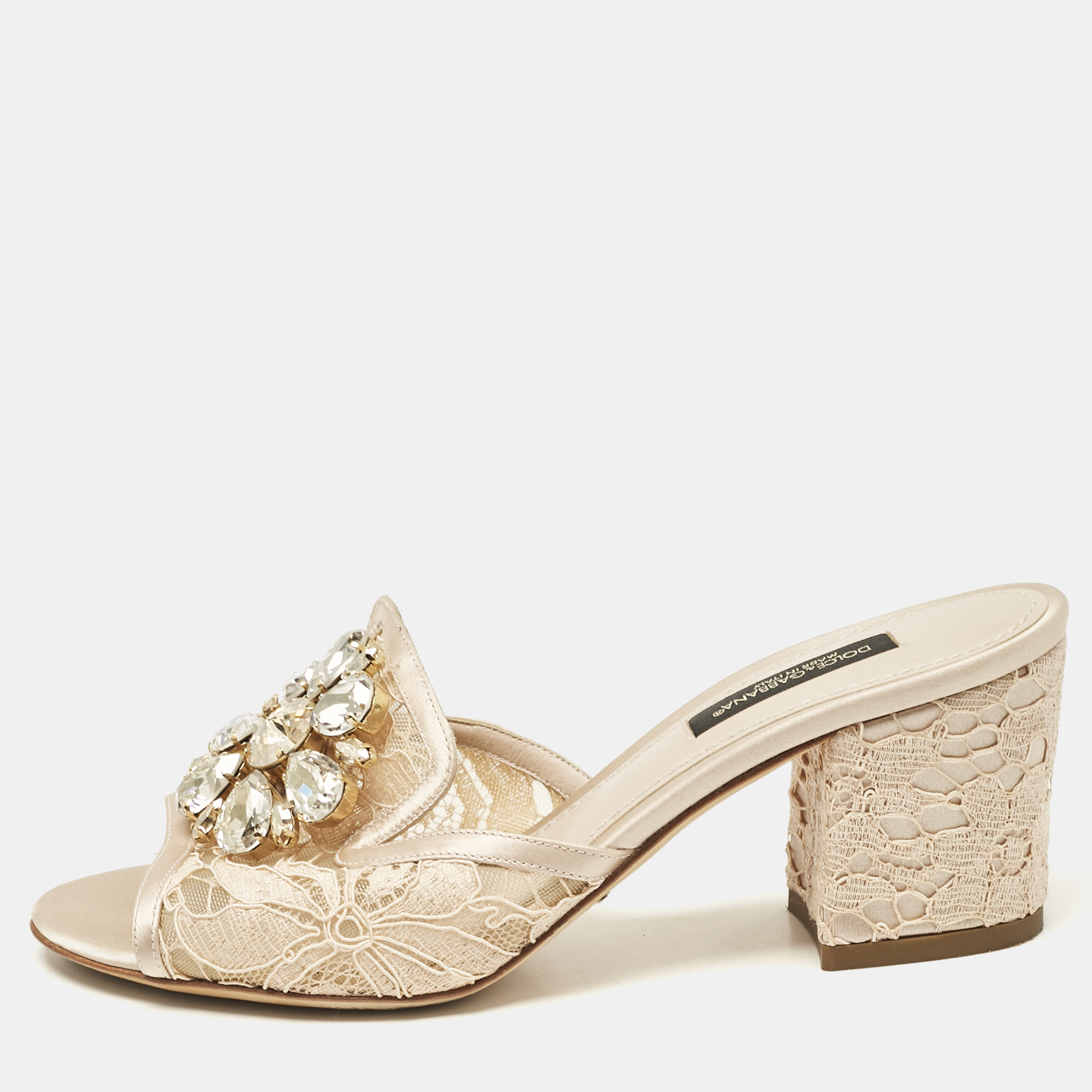 

Dolce & Gabbana Beige Lace Crystal Embellished Bianca Slide Sandals Size