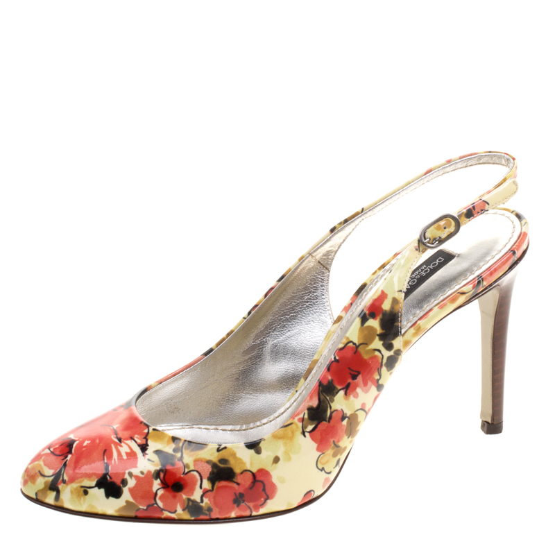 Pre Owned Dolce & Gabbana Floral Print Patent Leather Slingback Sandals Size 36