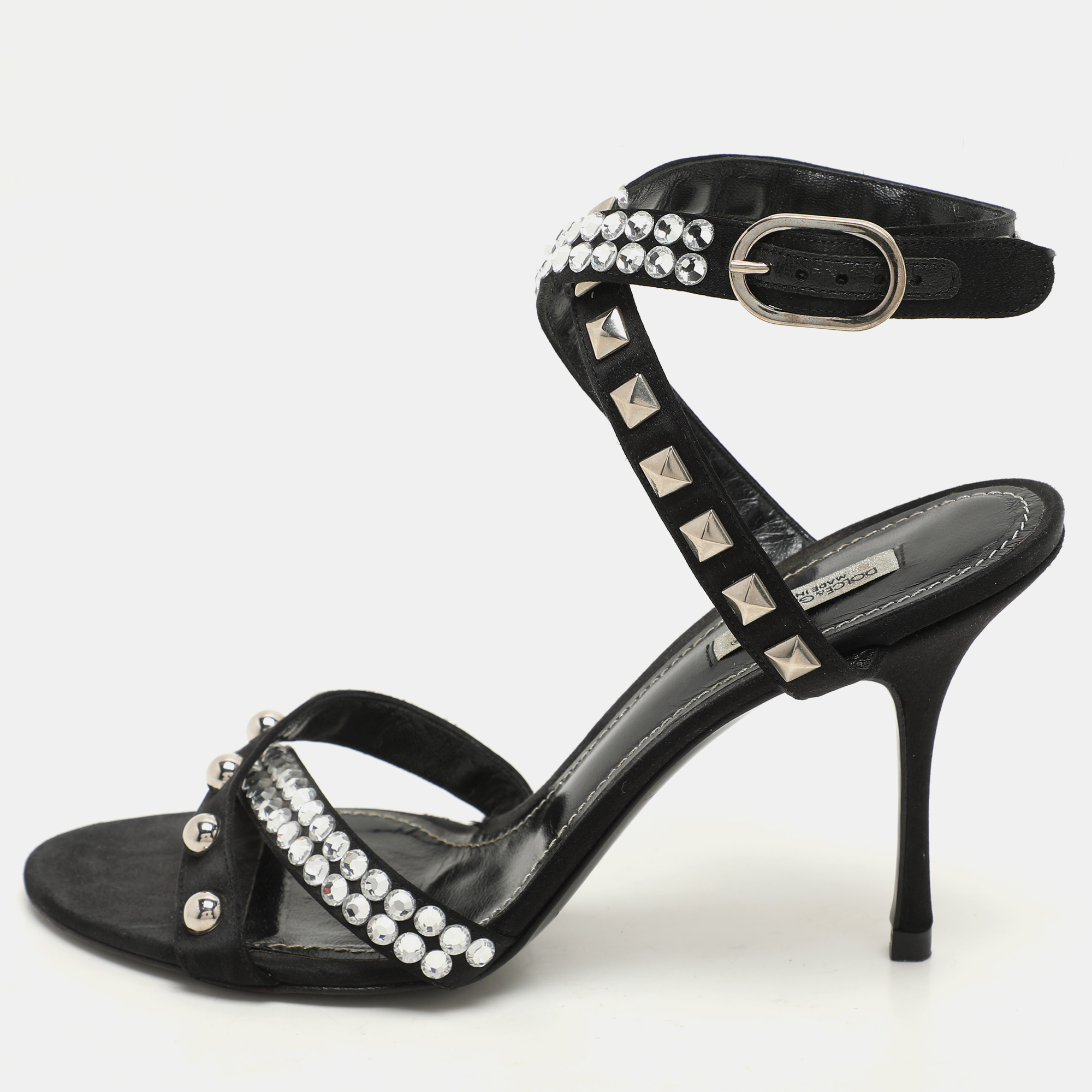 

Dolce & Gabbana Black Satin Crystal and Studs Embellished Ankle Strap Sandals Size 40