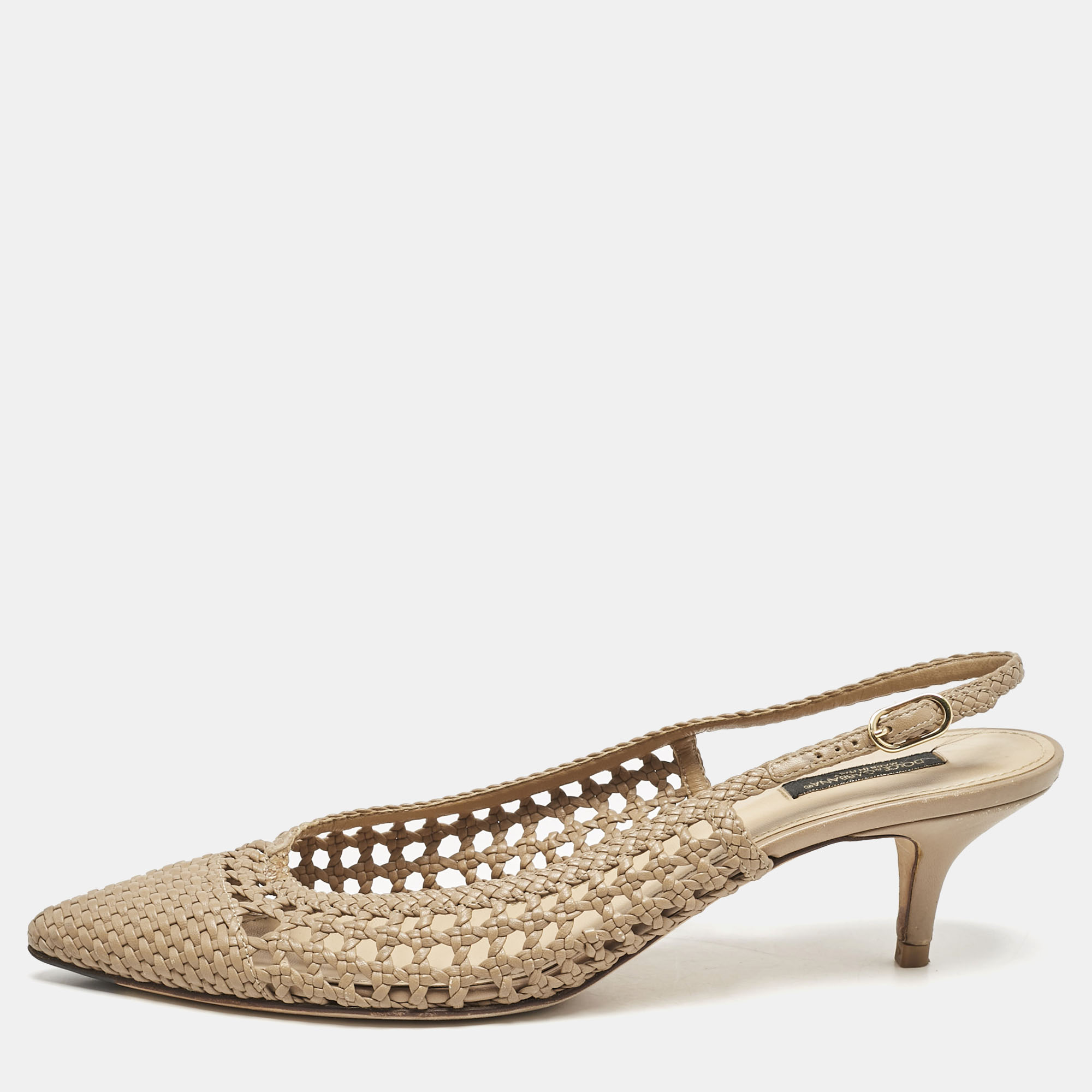 

Dolce & Gabbana Beige Woven Leather Slingback Pumps Size