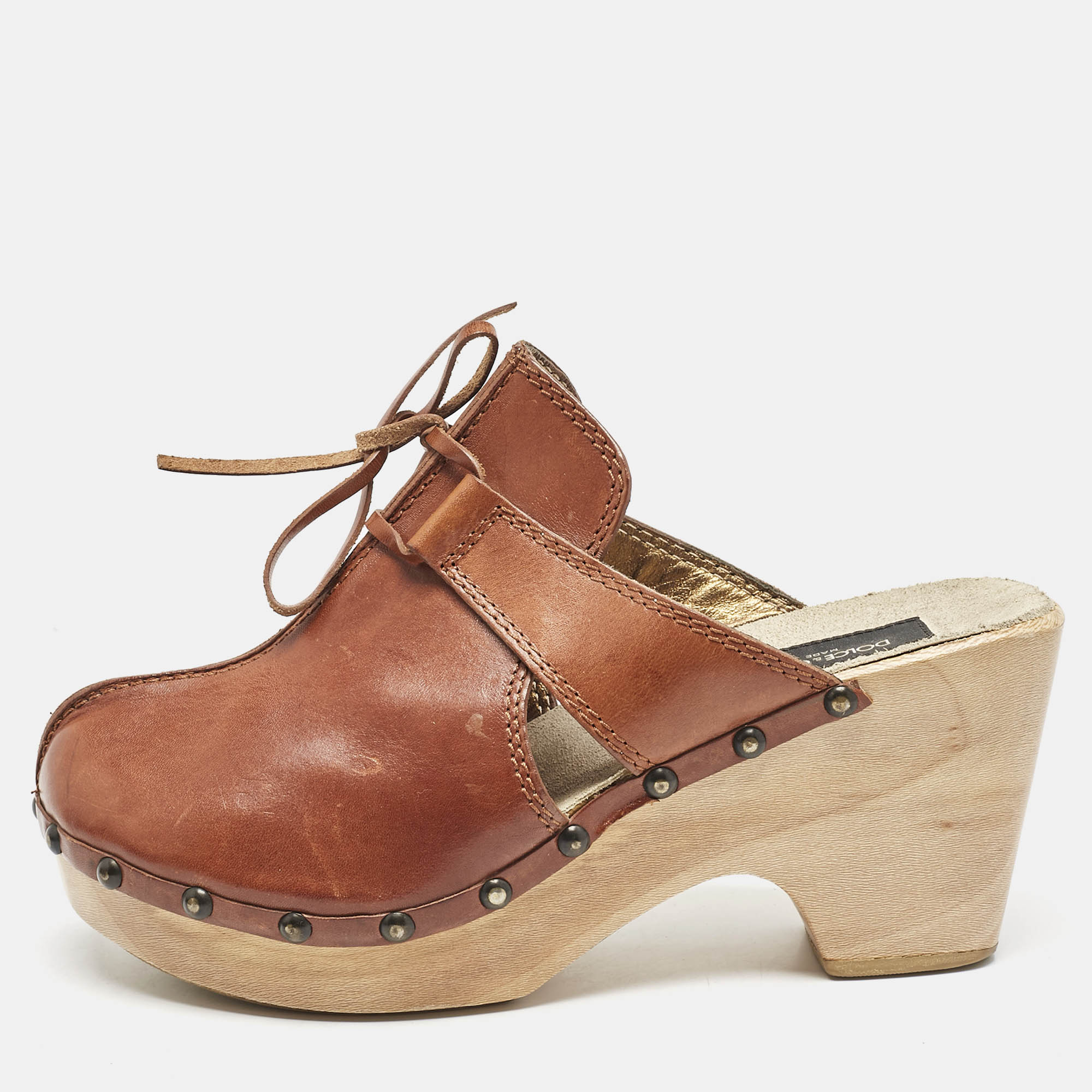 

Dolce & Gabbana Brown Leather Bow Wooden Clogs Size