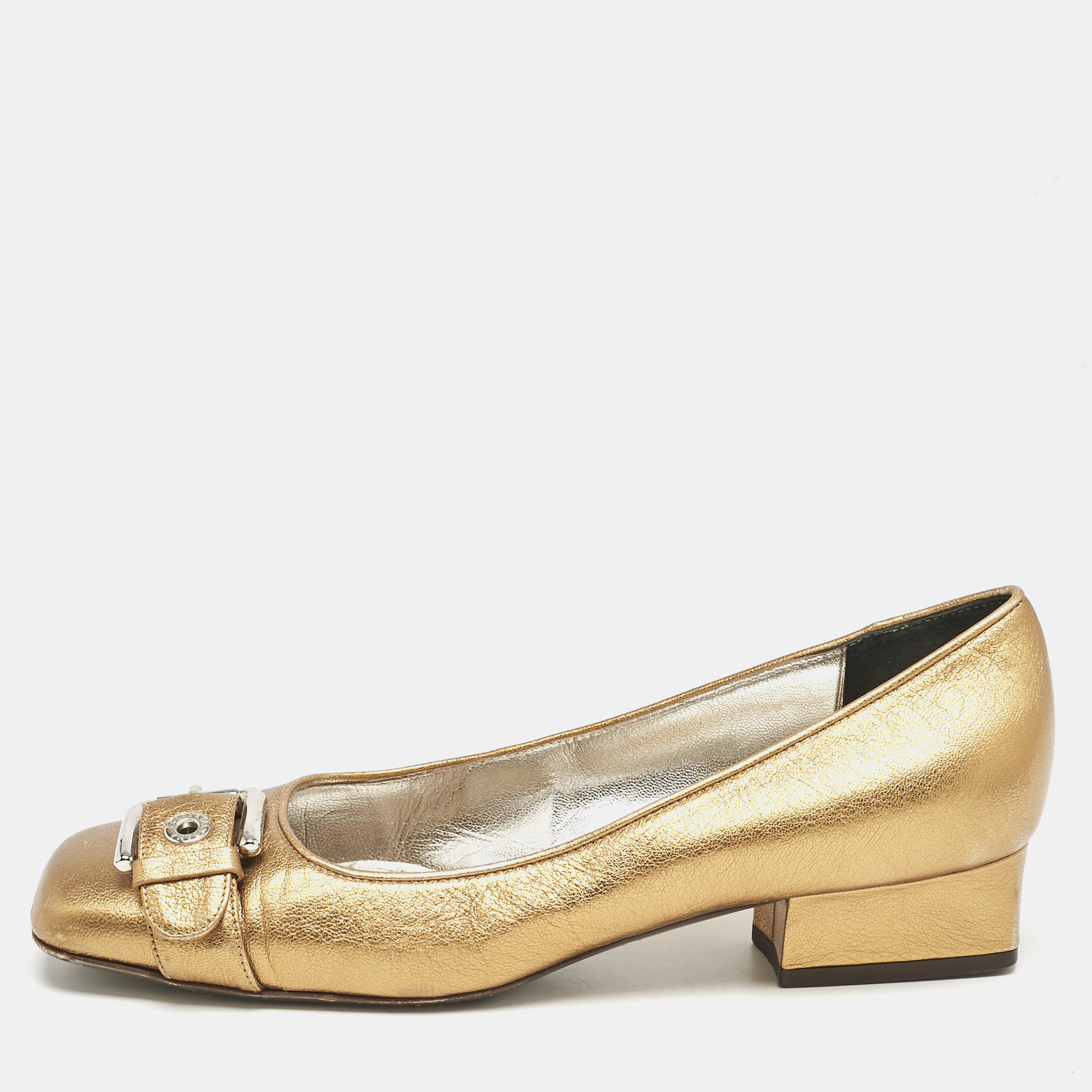 

Dolce & Gabbana Metallic Gold Leather Block Heel Pumps Size