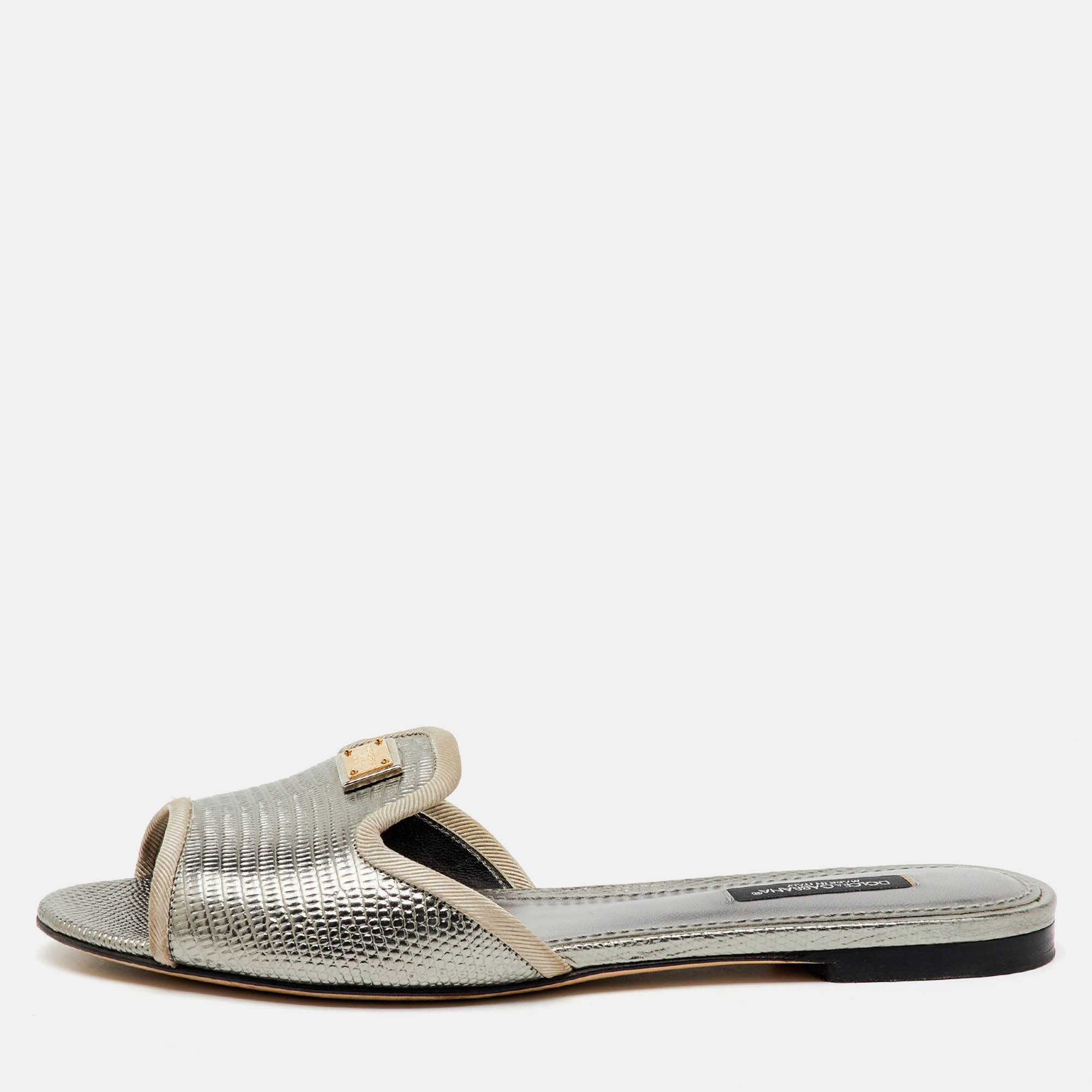 

Dolce & Gabbana Silver Iguana Laminated Leather Flat Slide Sandals Size